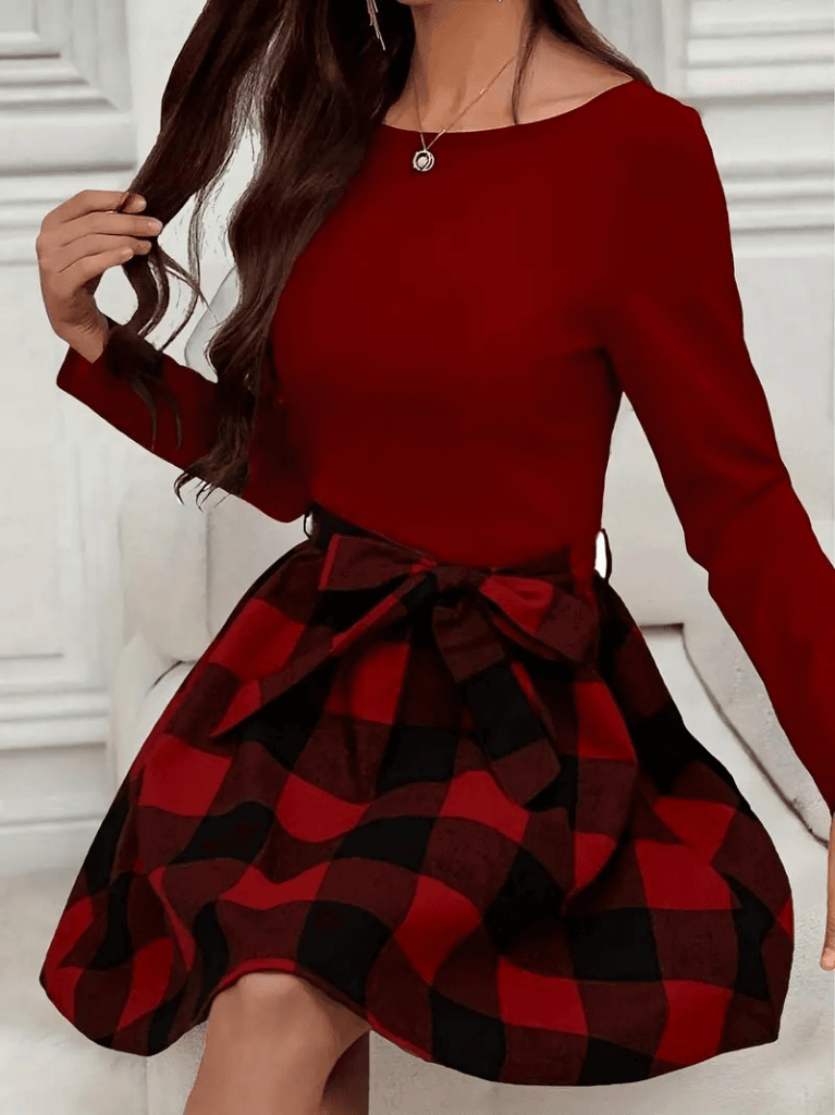 Women's Long-Sleeve Round Neck Top with Plaid Skirt Dress - Janes - by Peralane - photo 11