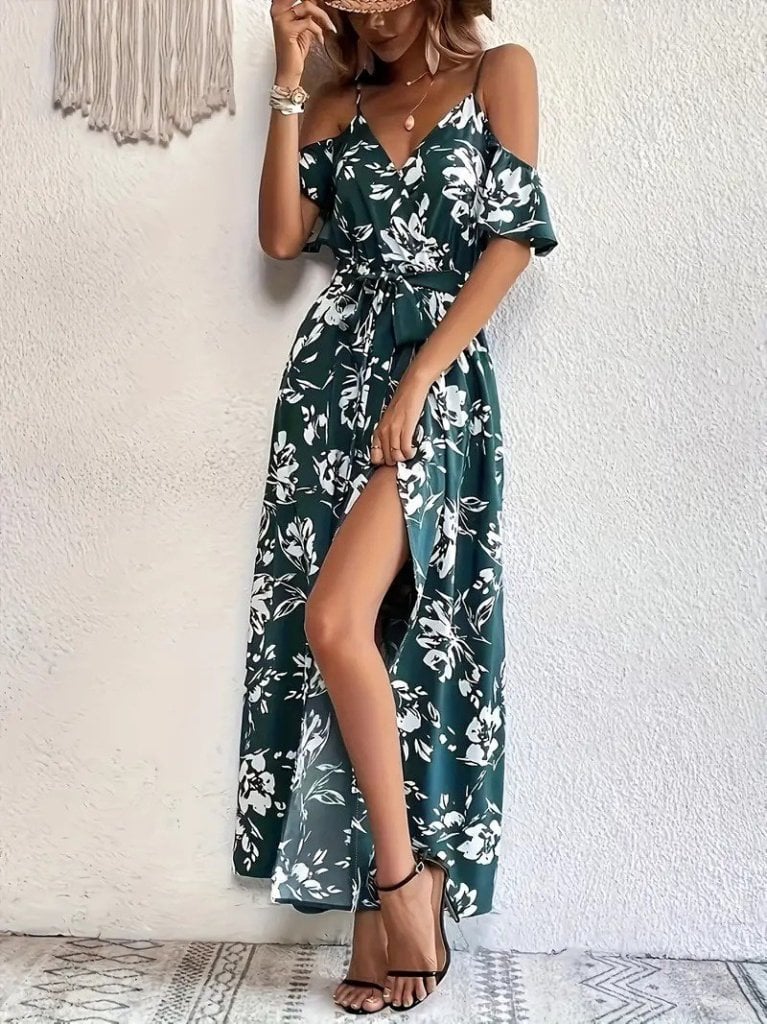 Women's Spaghetti Strap Short Sleeve V-Neck Slit Printed Suprem Maxi Dress - Janes - by Peralane - photo 3