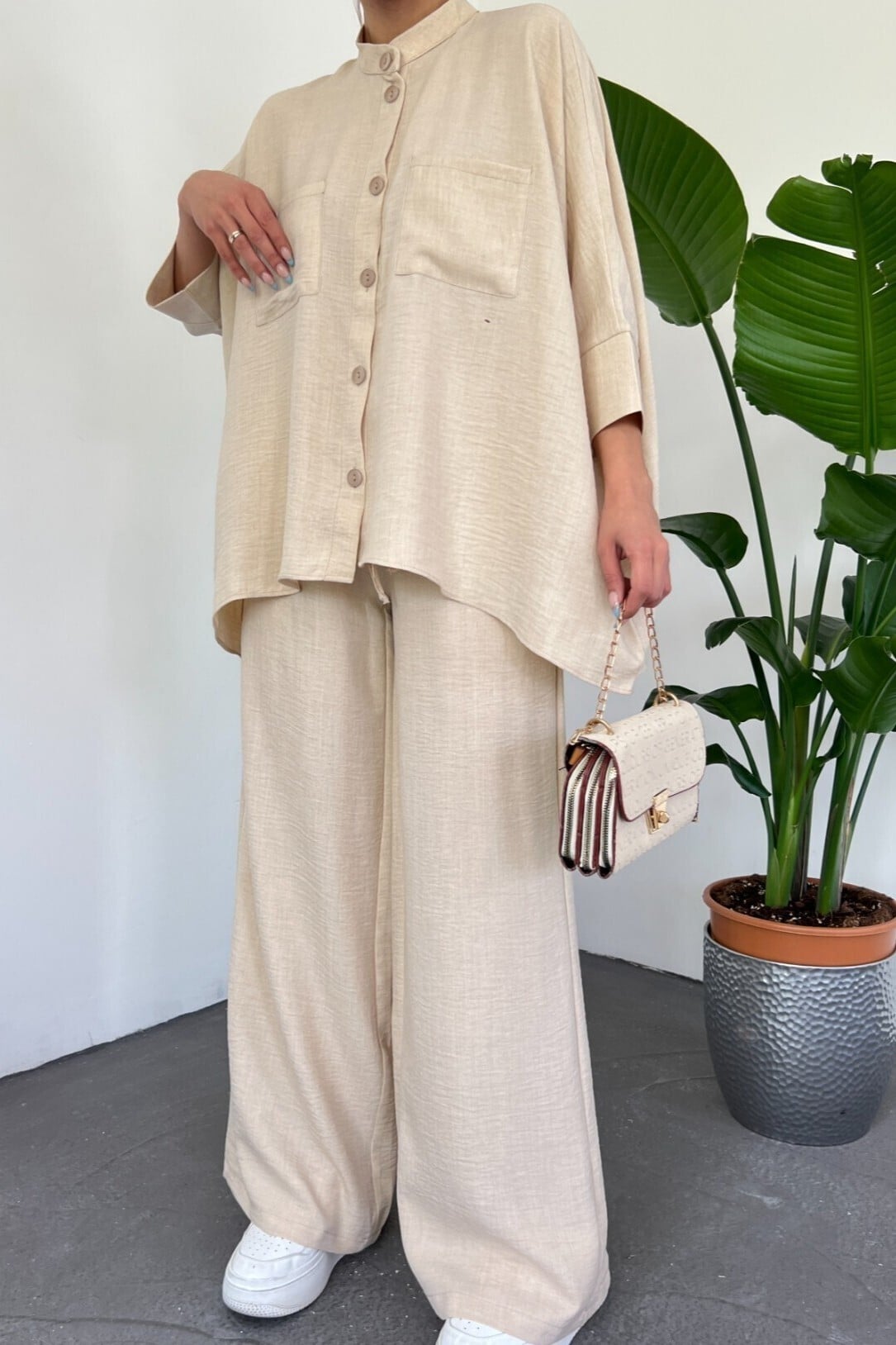 Beige Two-Piece Blouse and Wide-Leg Trousers Set - Podyumplus - by Peralane - photo 3