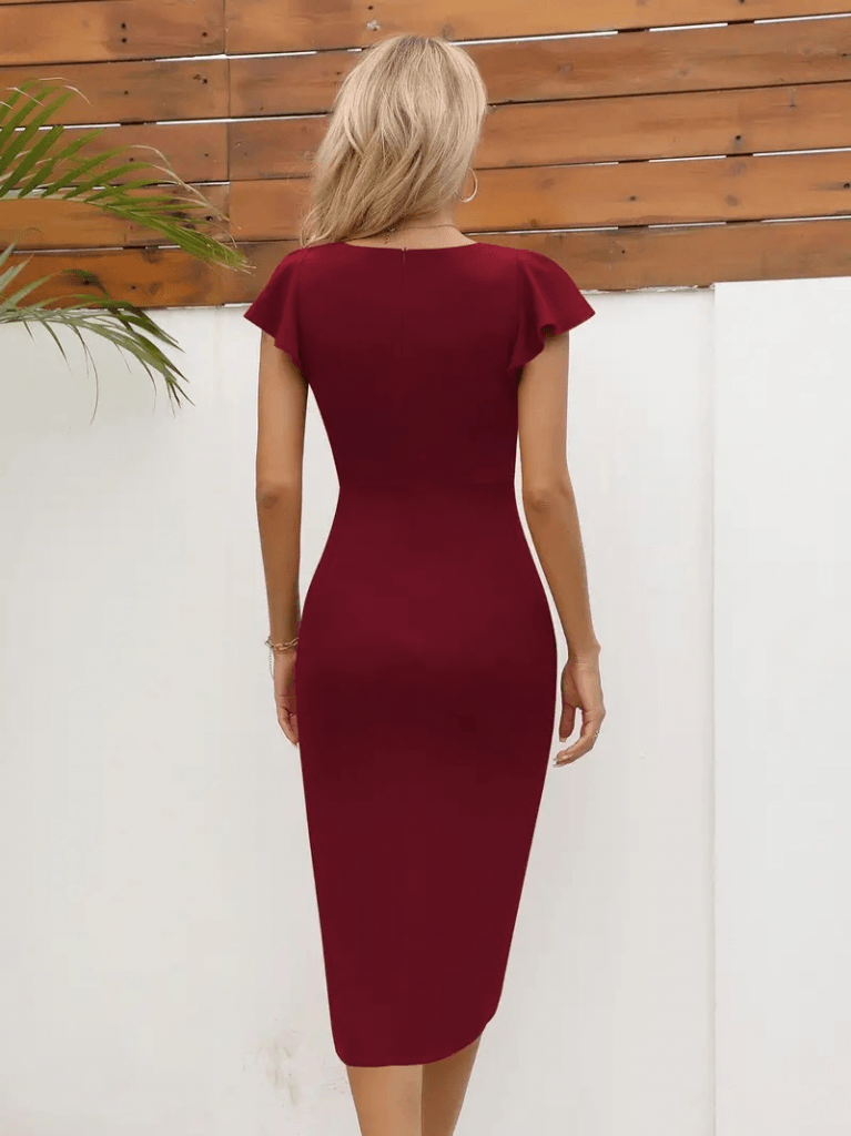 Women's Short Sleeve Heart Neckline Side Ruched Midi Crepe Dress - Janes - by Peralane - photo 3