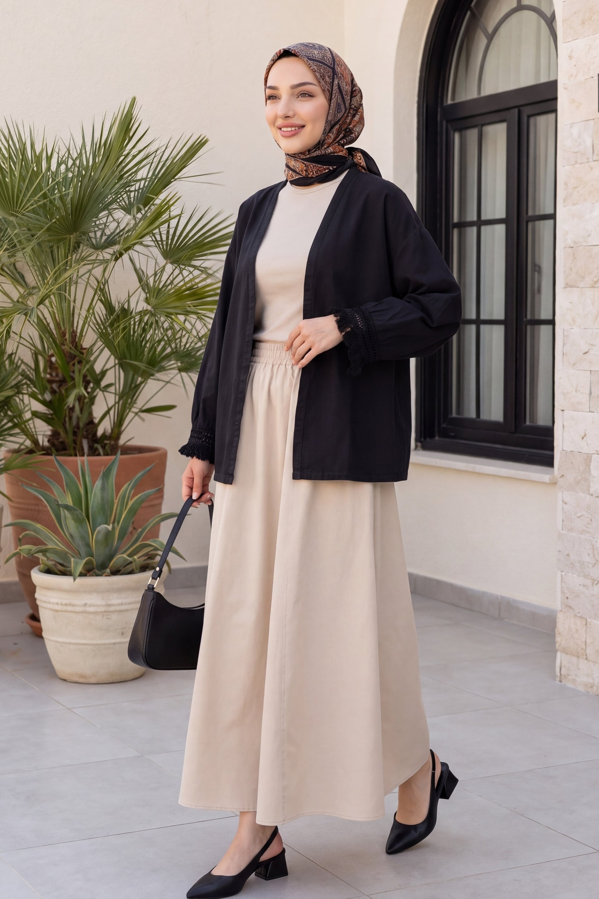 Black Fringed Sleeve Belted Linen Kimono - Podyumplus - by Peralane - photo 3