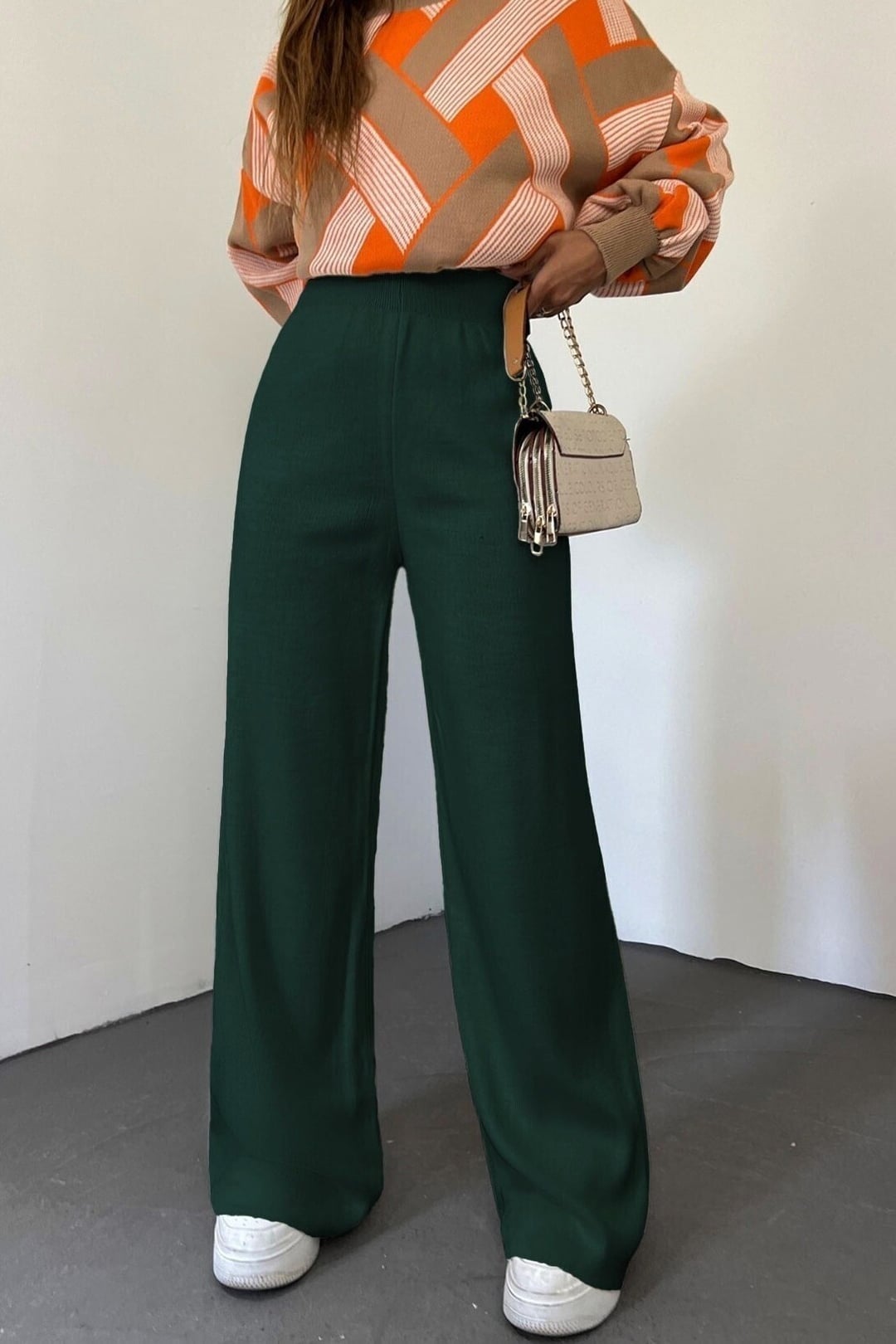 Emerald Green Wide-Leg Knit Lounge Trousers - Podyumplus - by Peralane - photo 2