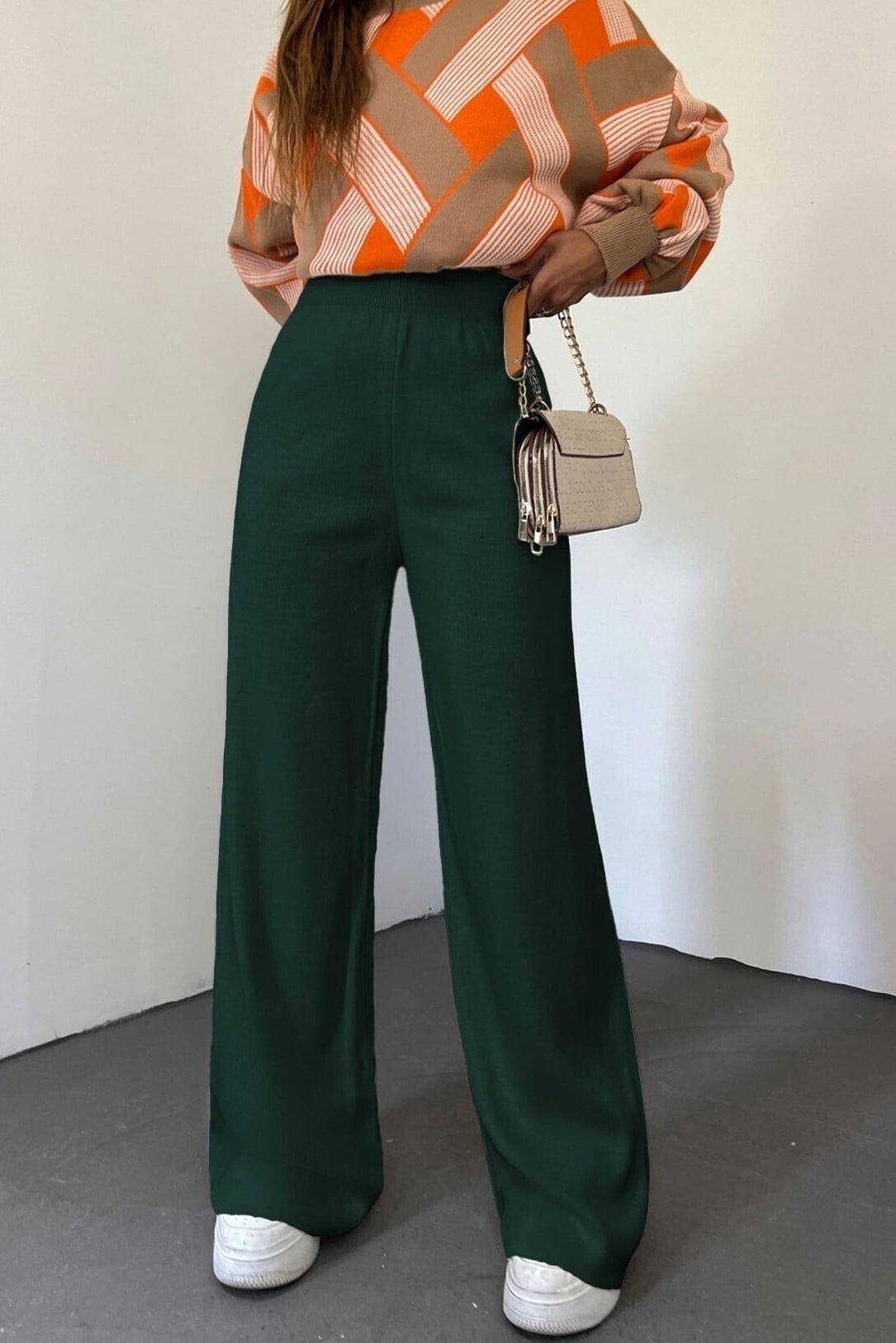 Emerald Green Wide-Leg Knit Lounge Trousers - Podyumplus - by Peralane - photo 2