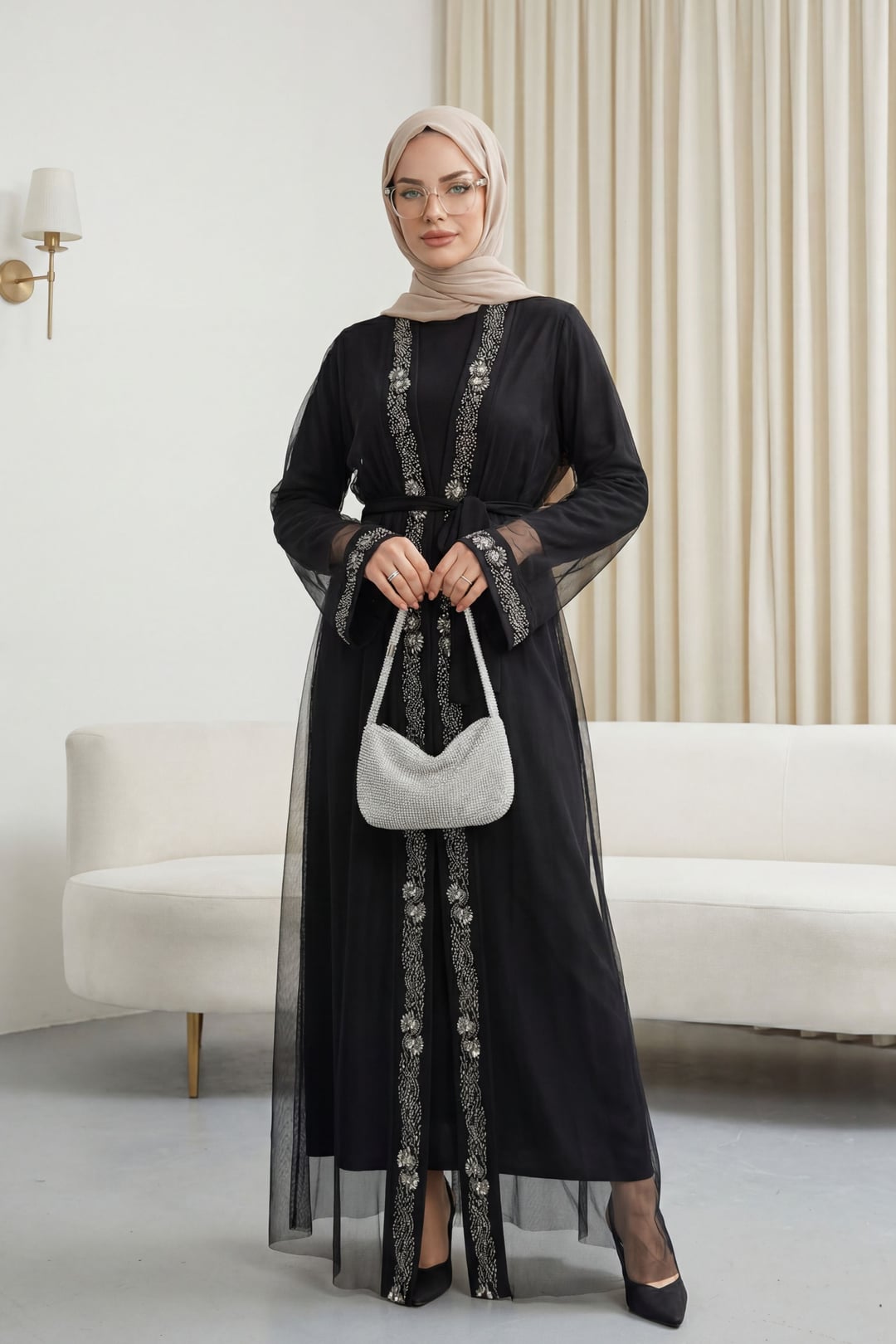 Beaded Cuff Belted Two-Piece Abaya Set - Black - Podyumplus - by Peralane - photo 2