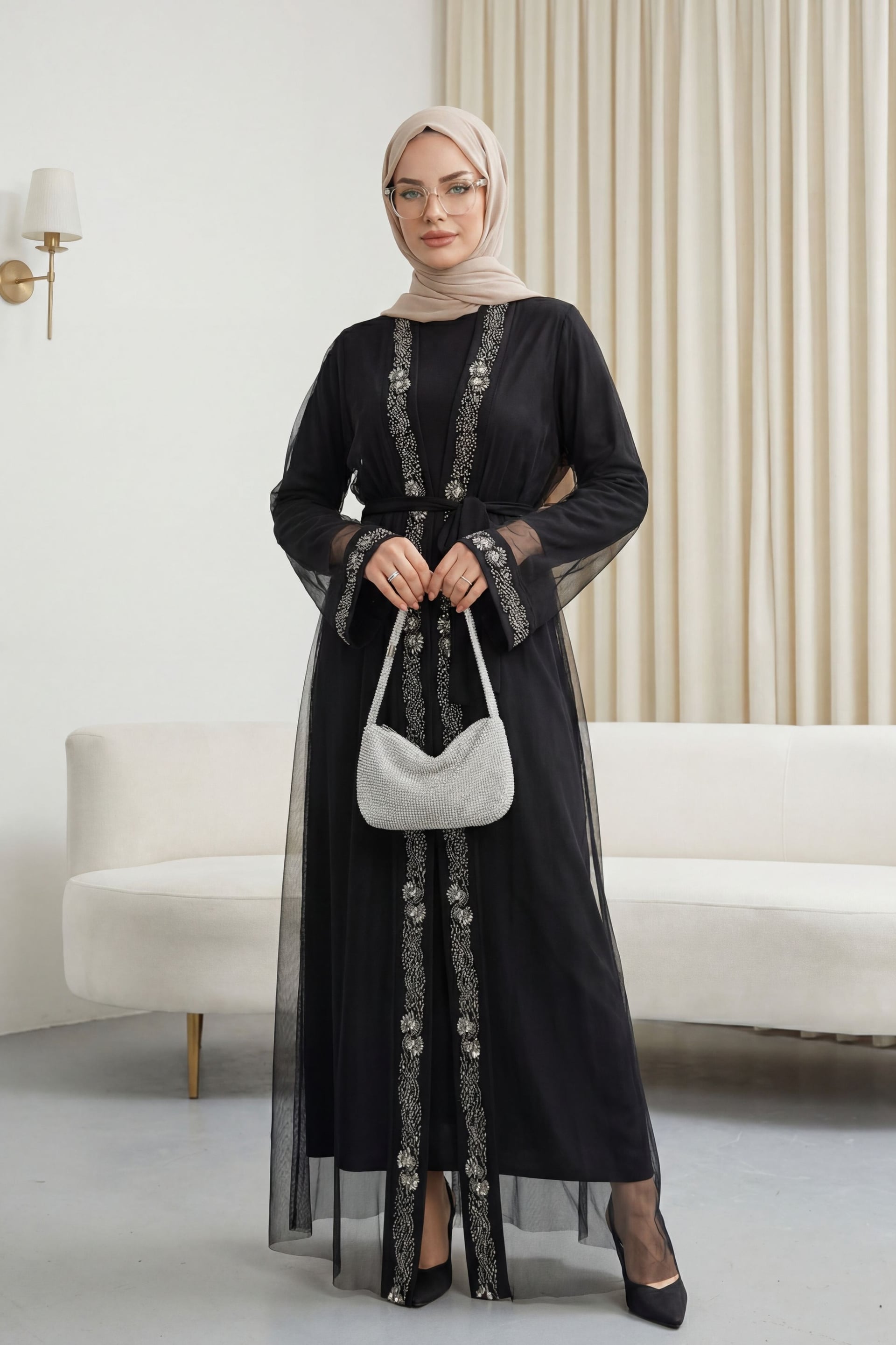 Beaded Cuff Belted Two-Piece Abaya Set - Black - Podyumplus - by Peralane - photo 2