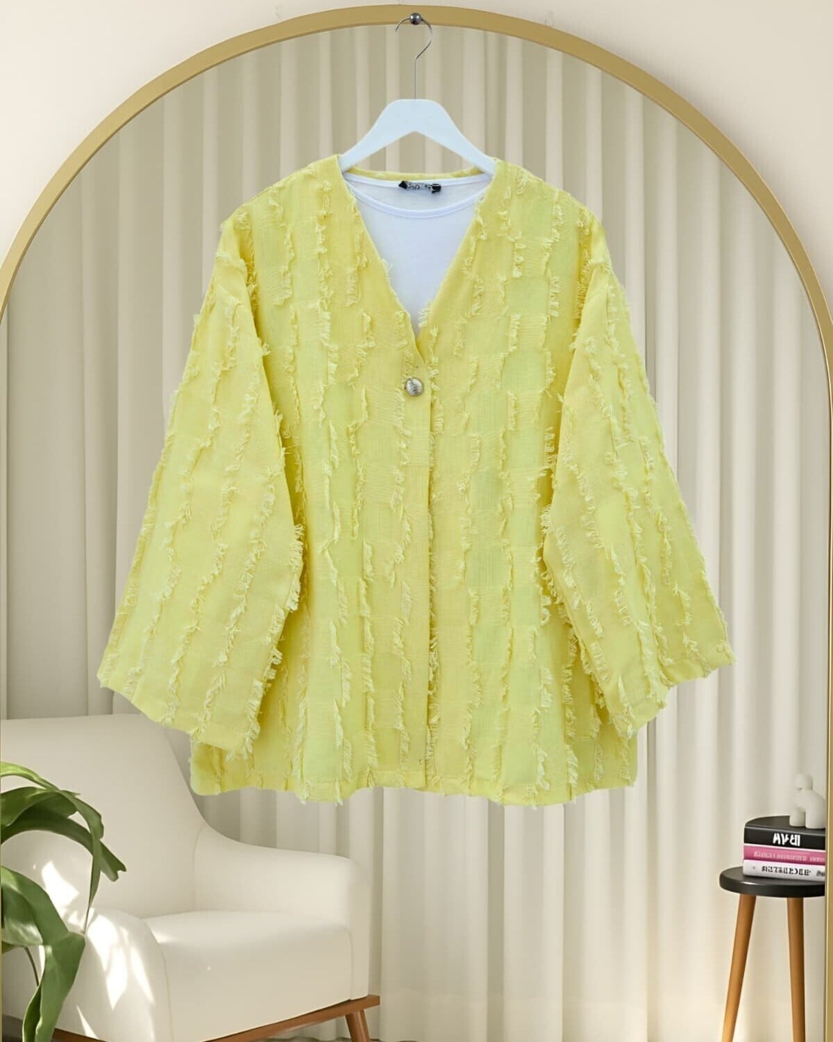 Fringed Square Pattern Kimono Cardigan - Yellow - Podyumplus - by Peralane - photo 2