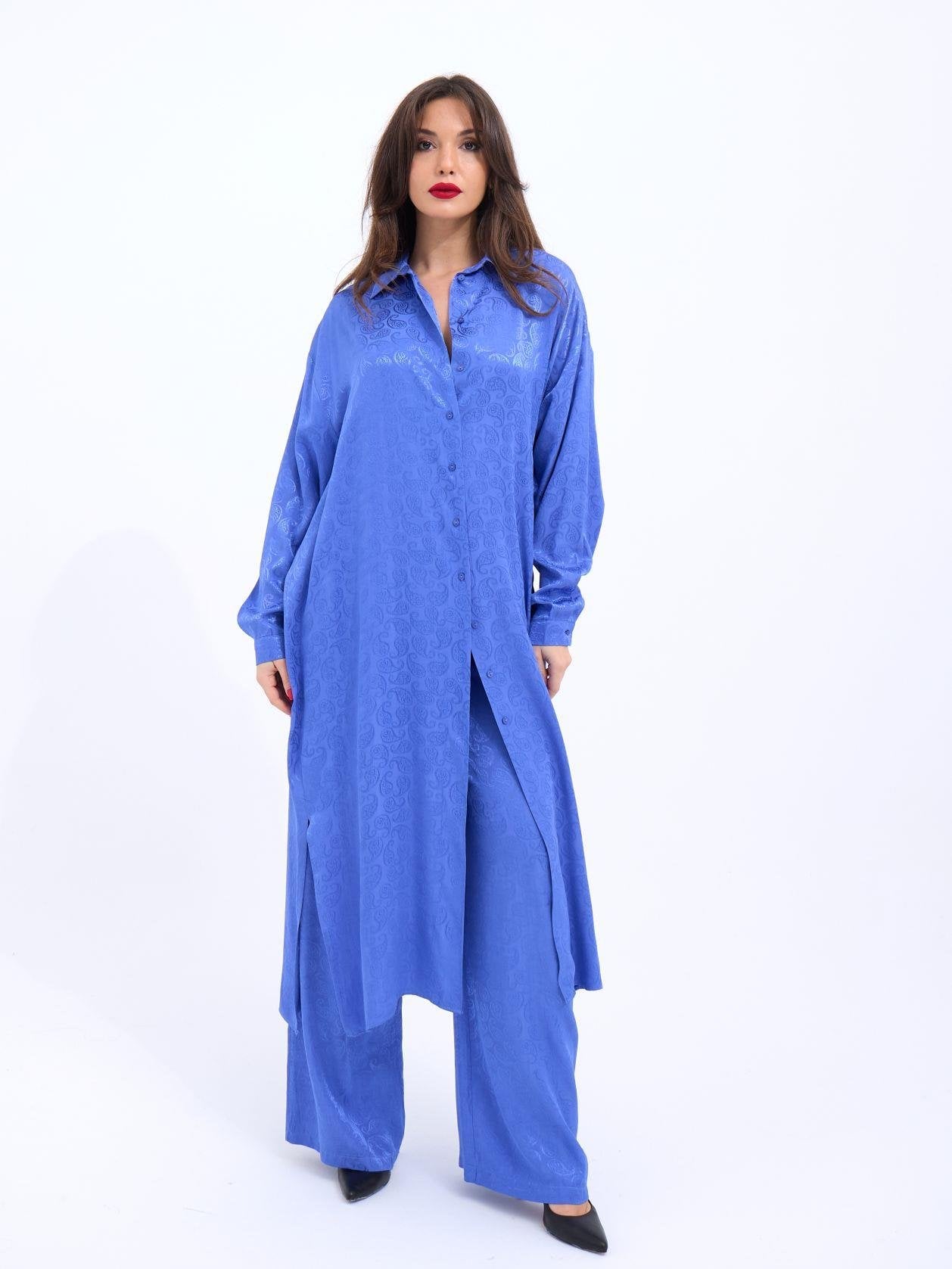 Floransa Women's Blue Paisley Tunic and Wide-Leg Trousers Set - Fame - by Peralane