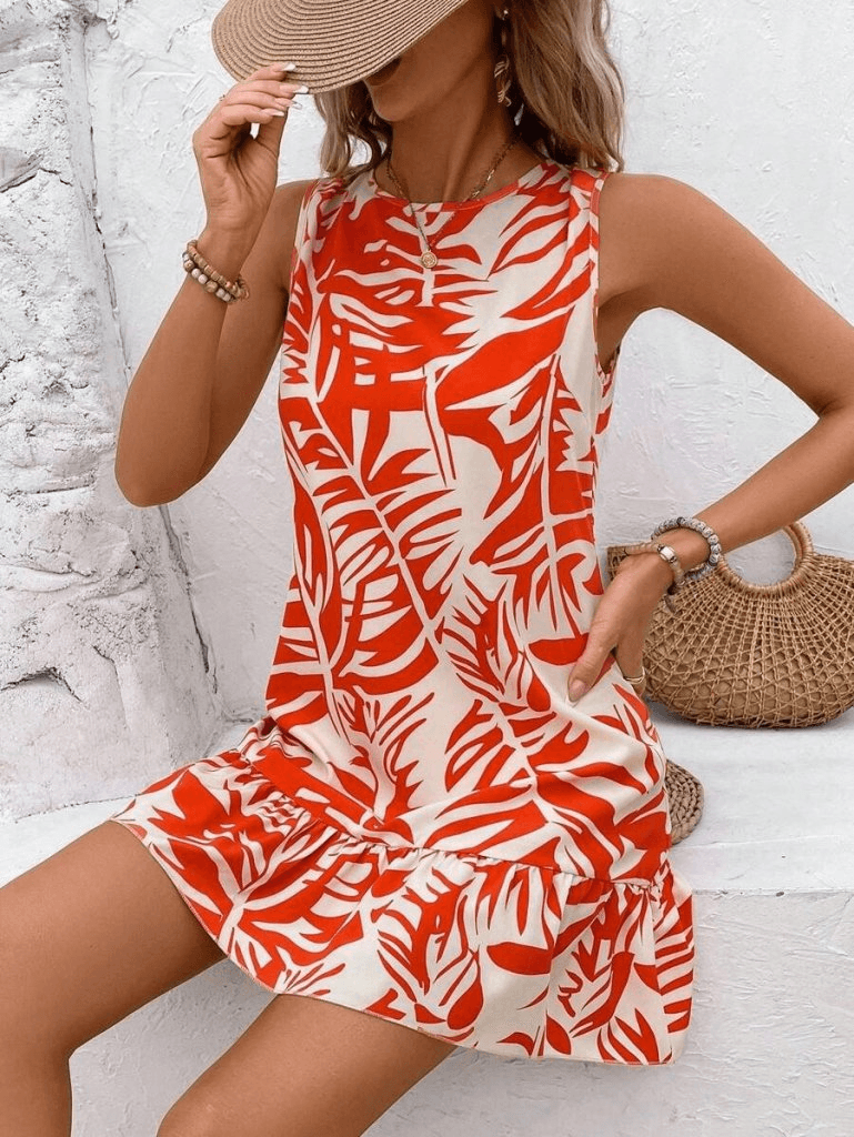 Women's Sleeveless Round Neck Ruffled Leaf Print Dress - Janes - by Peralane - photo 9