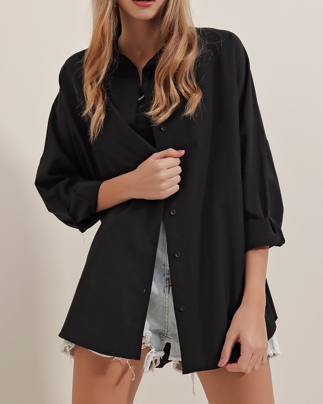 Women's Black Oversize Long Basic Blouse - Bigdart - by Peralane