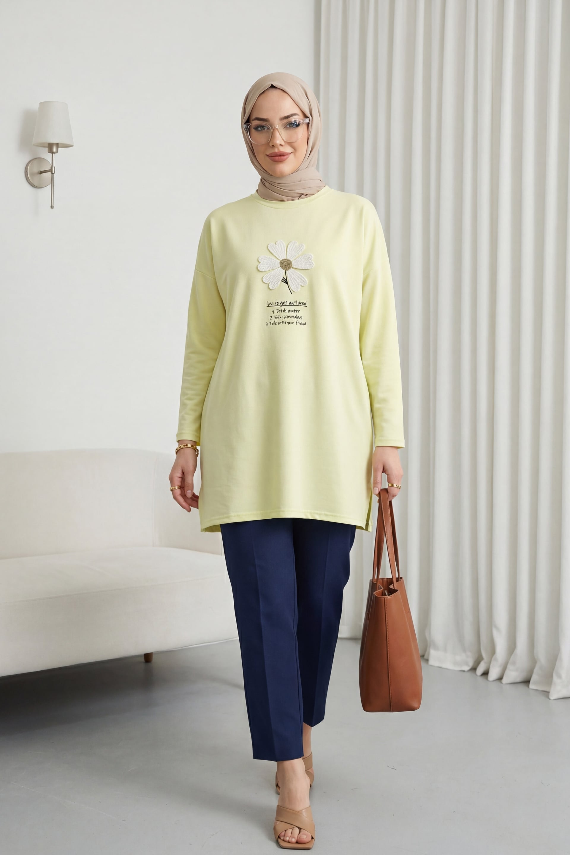 Crew Neck Jersey Tunic with Floral Appliqué - Pale Yellow - Podyumplus - by Peralane - photo 6
