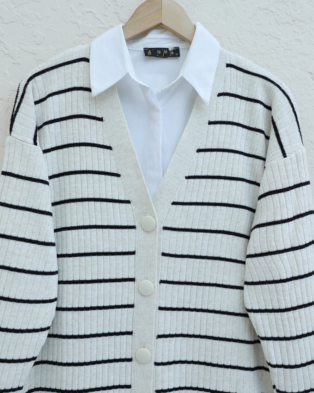 Striped Button-Front Knit Cardigan - Stone - Podyumplus - by Peralane - photo 5