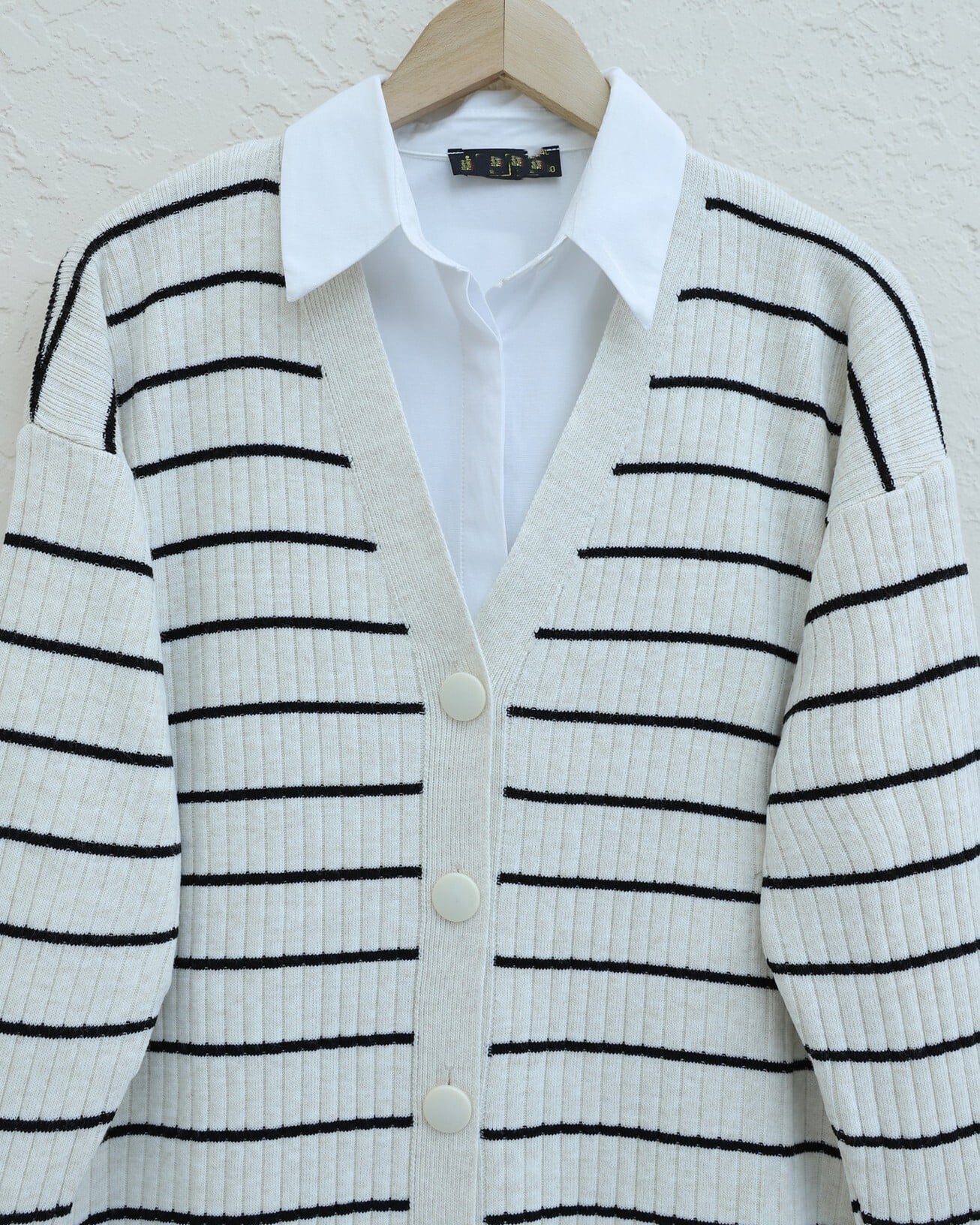 Striped Button-Front Knit Cardigan - Stone - Podyumplus - by Peralane - photo 5