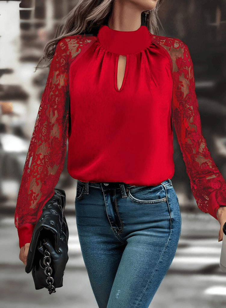 Women's Long Sleeve Red Blouse with Keyhole Neckline and Lace Sleeves - Janes - by Peralane