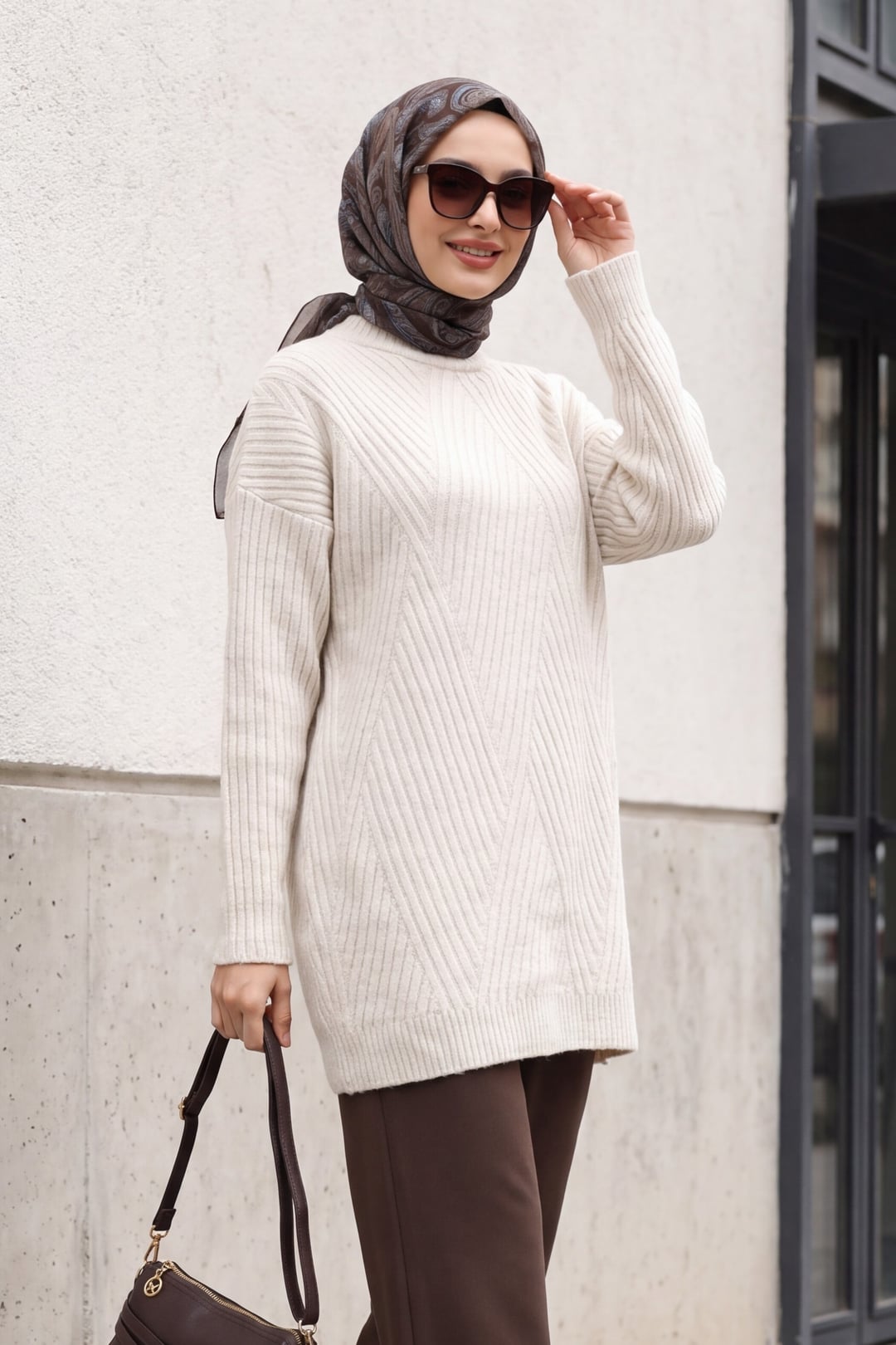 Chevron Pattern Knit Tunic - Stone - Podyumplus - by Peralane - photo 2