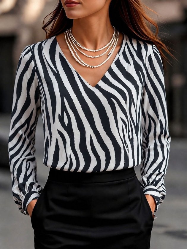 Women's Long-Sleeved V-Neck Zebra Print Blouse - Janes - by Peralane