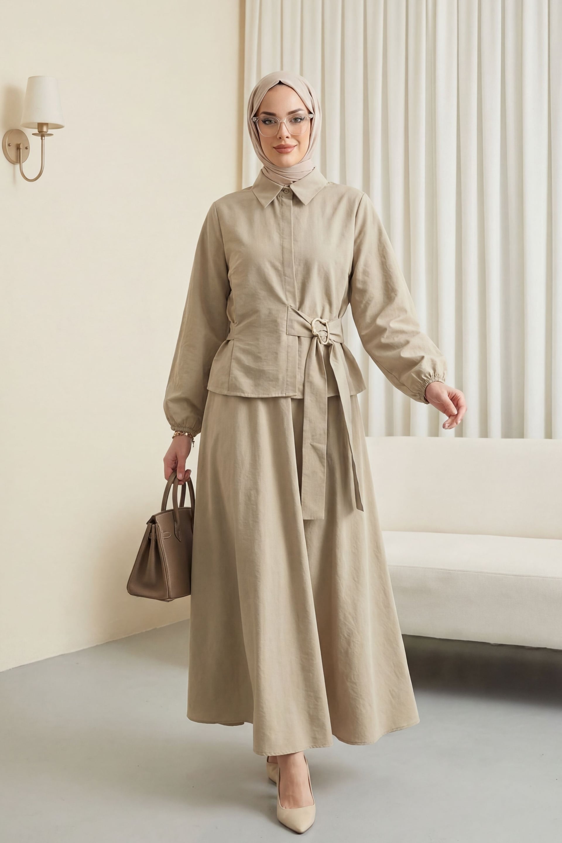 Light Beige Two-Piece Modest Set with Blouse and Pleated Skirt - Podyumplus - by Peralane - photo 5