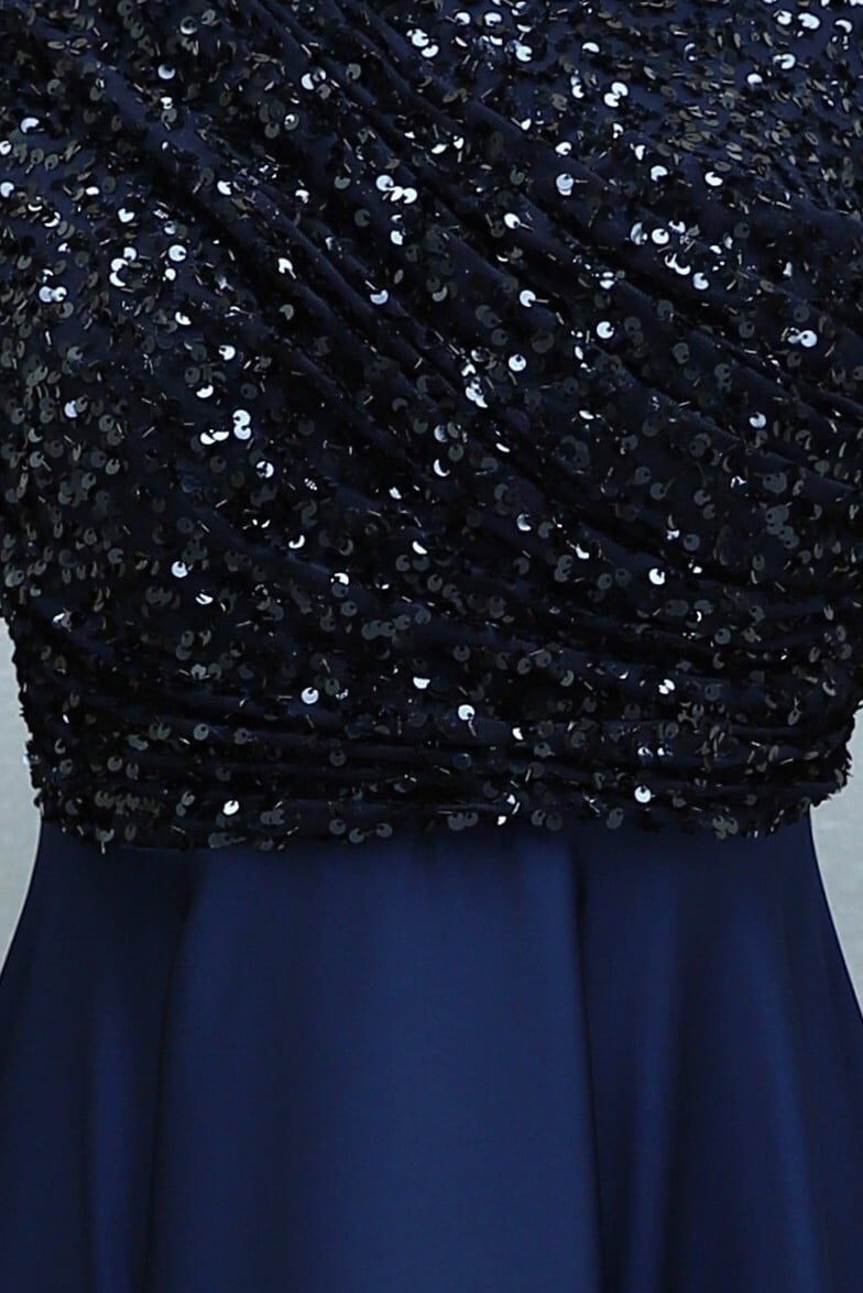 Sequin Bodice Feathered Sleeve Satin Evening Dress - Dark Navy - Podyumplus - by Peralane - photo 7