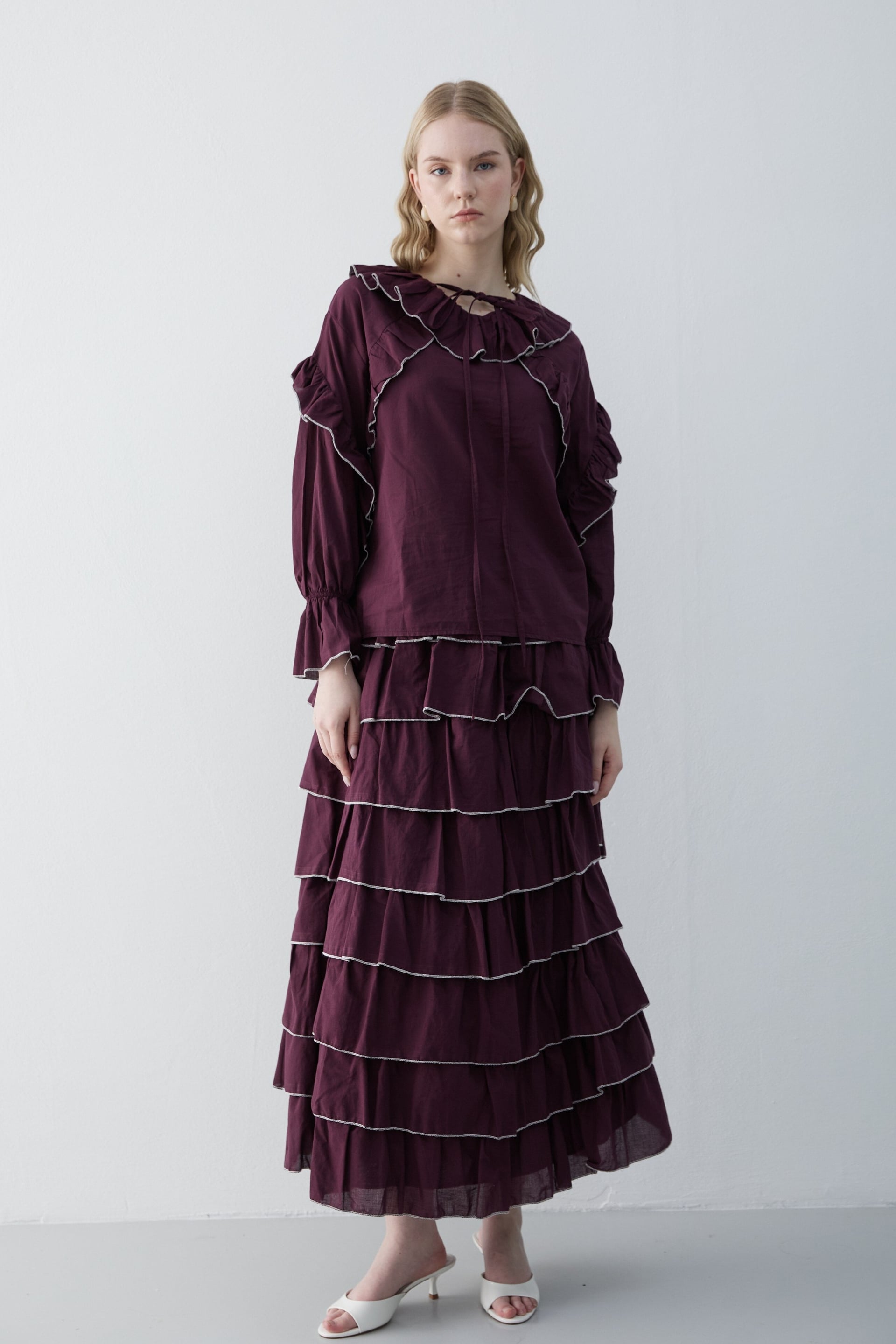 Tiered Skirt and Ruffled Blouse Set in Plum with White Piping - Podyumplus - by Peralane - photo 6