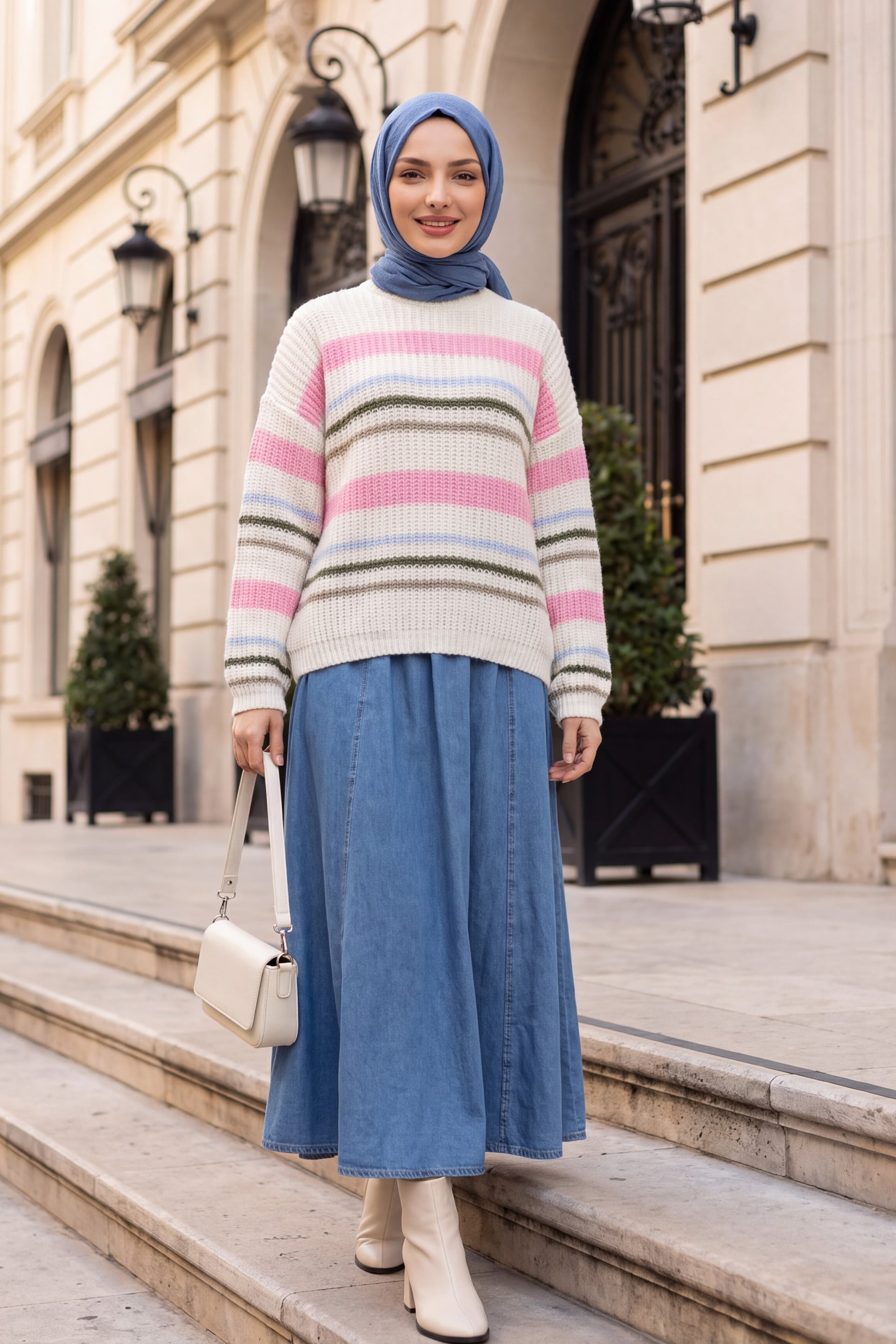 Crew Neck Striped Chunky Knit Sweater - Pink - Podyumplus - by Peralane - photo 5