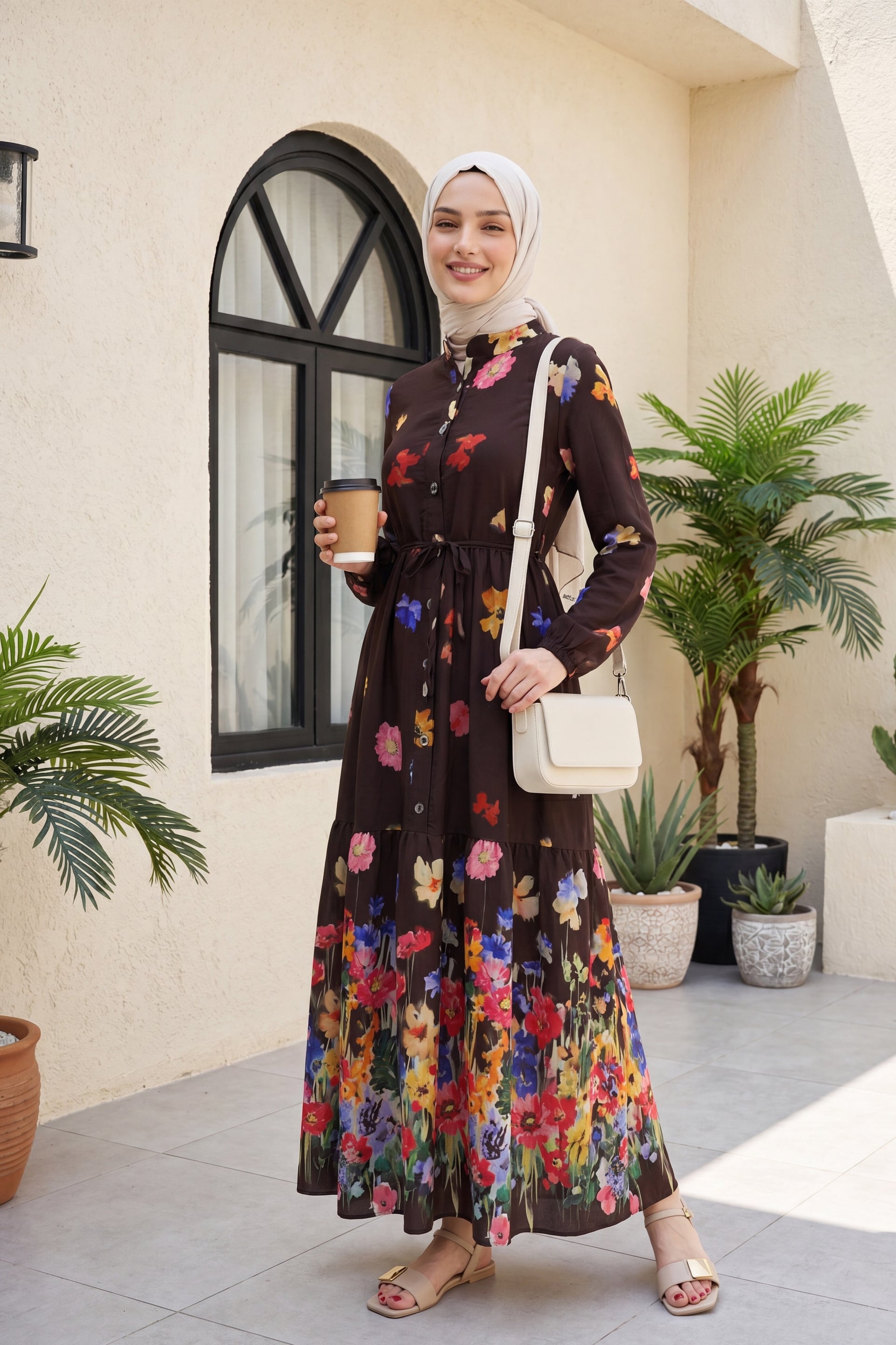 Floral Print Long Sleeve Button Front Tie Waist Dress - Brown - Podyumplus - by Peralane