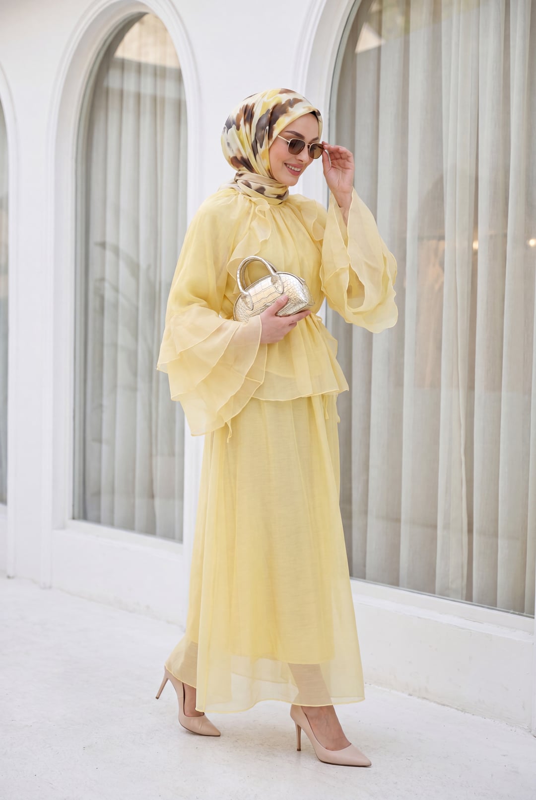 Ruffled Front Spanish Sleeve Lined Laced Skirt Cupra Set - Yellow - Podyumplus - by Peralane - photo 4
