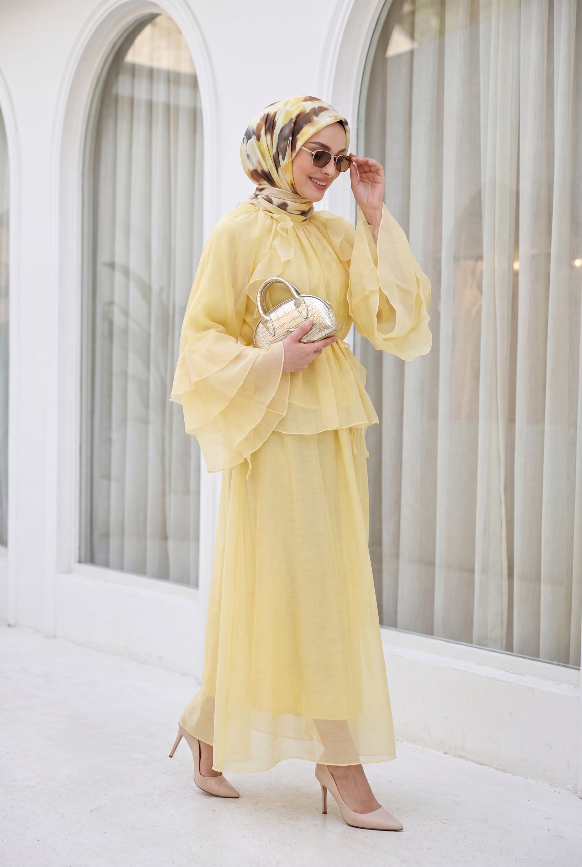 Ruffled Front Spanish Sleeve Lined Laced Skirt Cupra Set - Yellow - Podyumplus - by Peralane - photo 4