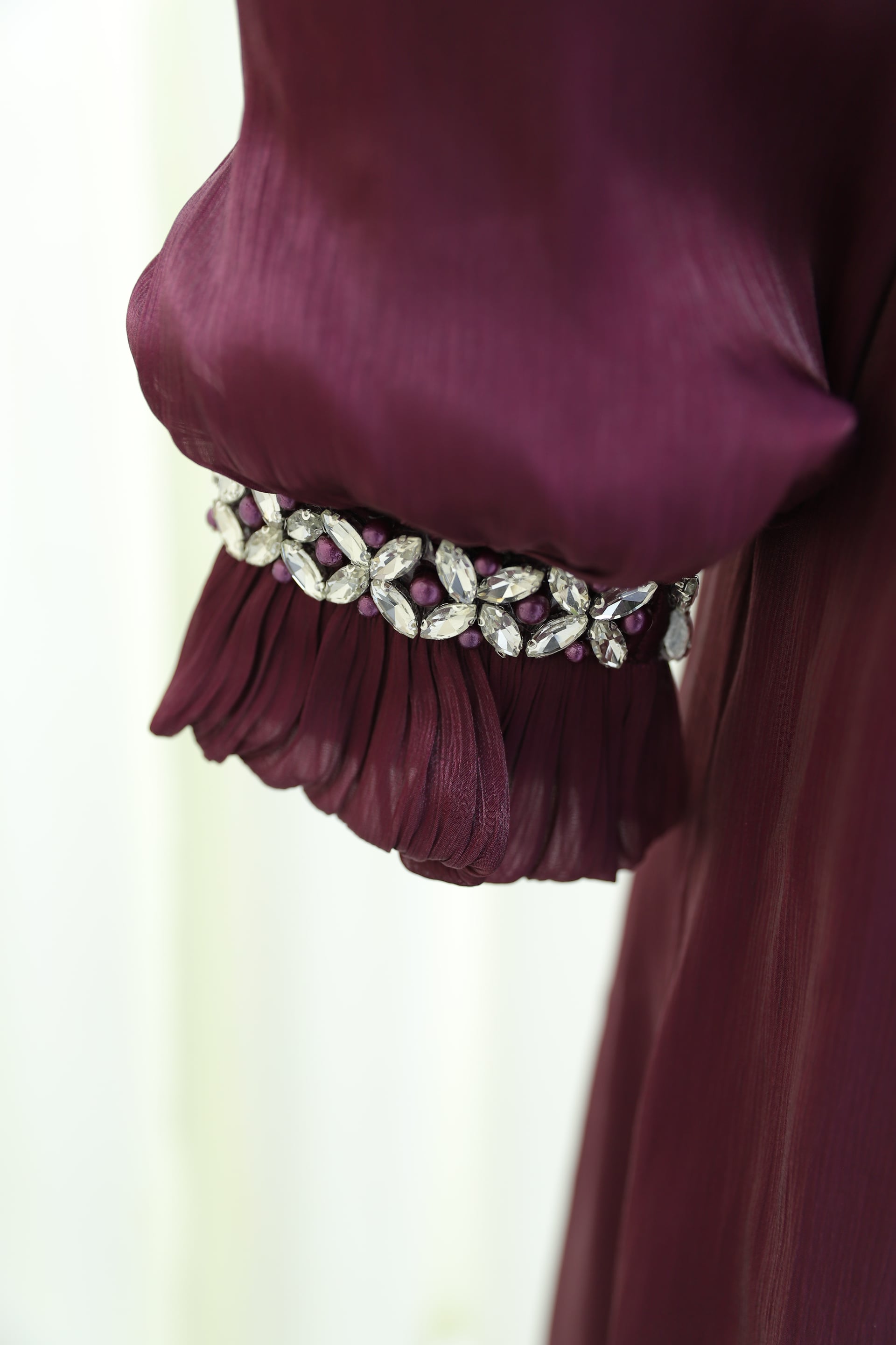 Jeweled Neck and Cuff Balloon Sleeve Belted Shimmer Chiffon Evening Dress in Burgundy - Podyumplus - by Peralane - photo 7