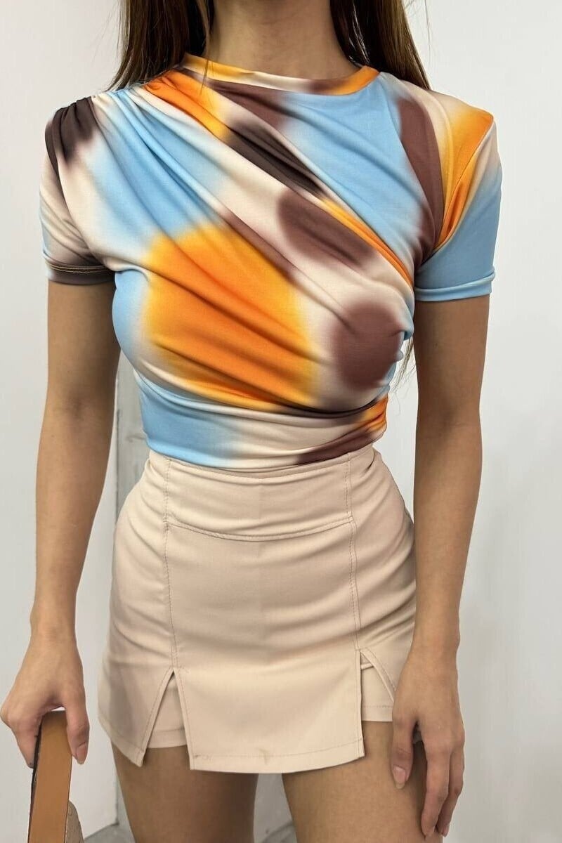 Women's Tie-Dye Printed Blouse with Drawstring Waist, Apricot - Podyumplus - by Peralane