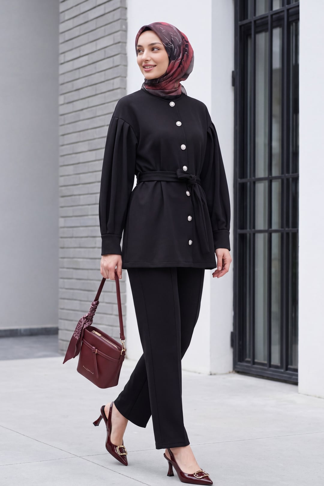 Belted Button-Front Scuba Trousers Set - Black - Podyumplus - by Peralane - photo 3