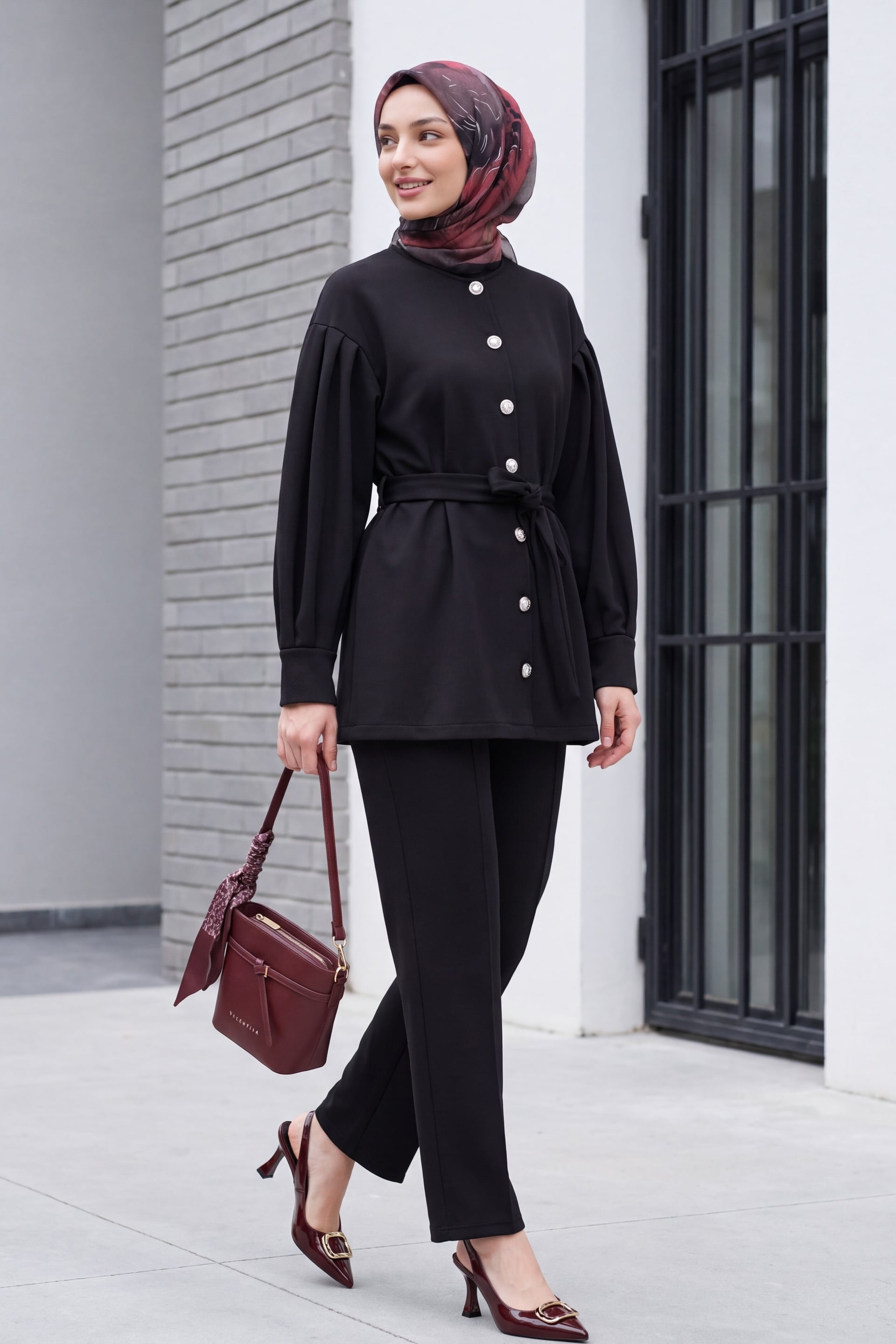 Belted Button-Front Scuba Trousers Set - Black - Podyumplus - by Peralane - photo 3
