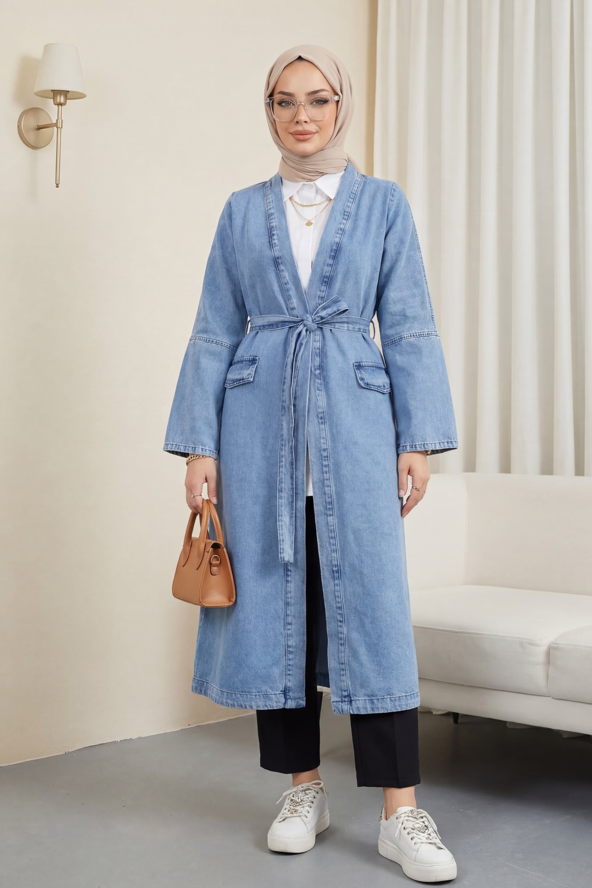 Pocket Detail Tie Waist Denim Duster Coat - Ice Blue - Podyumplus - by Peralane