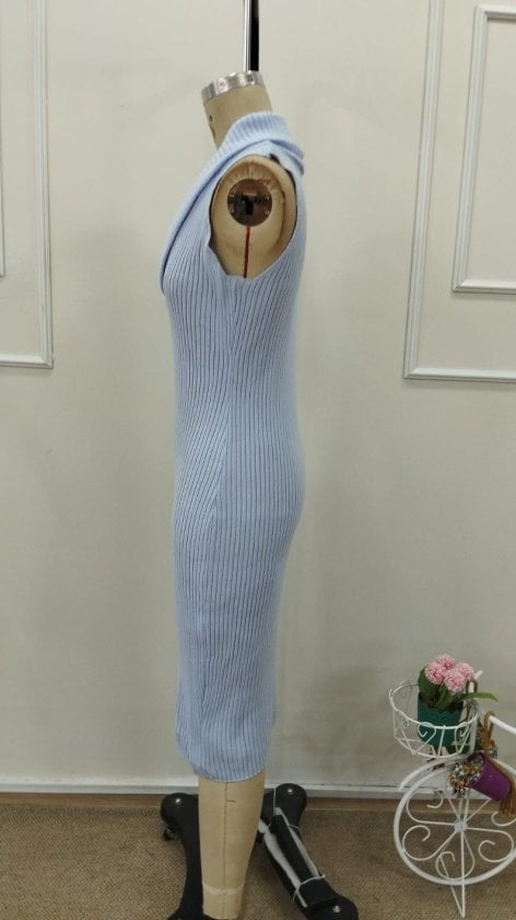 Women's Sleeveless Ribbed Knit Midi Dress with Folded Collar - Janes - by Peralane - photo 6