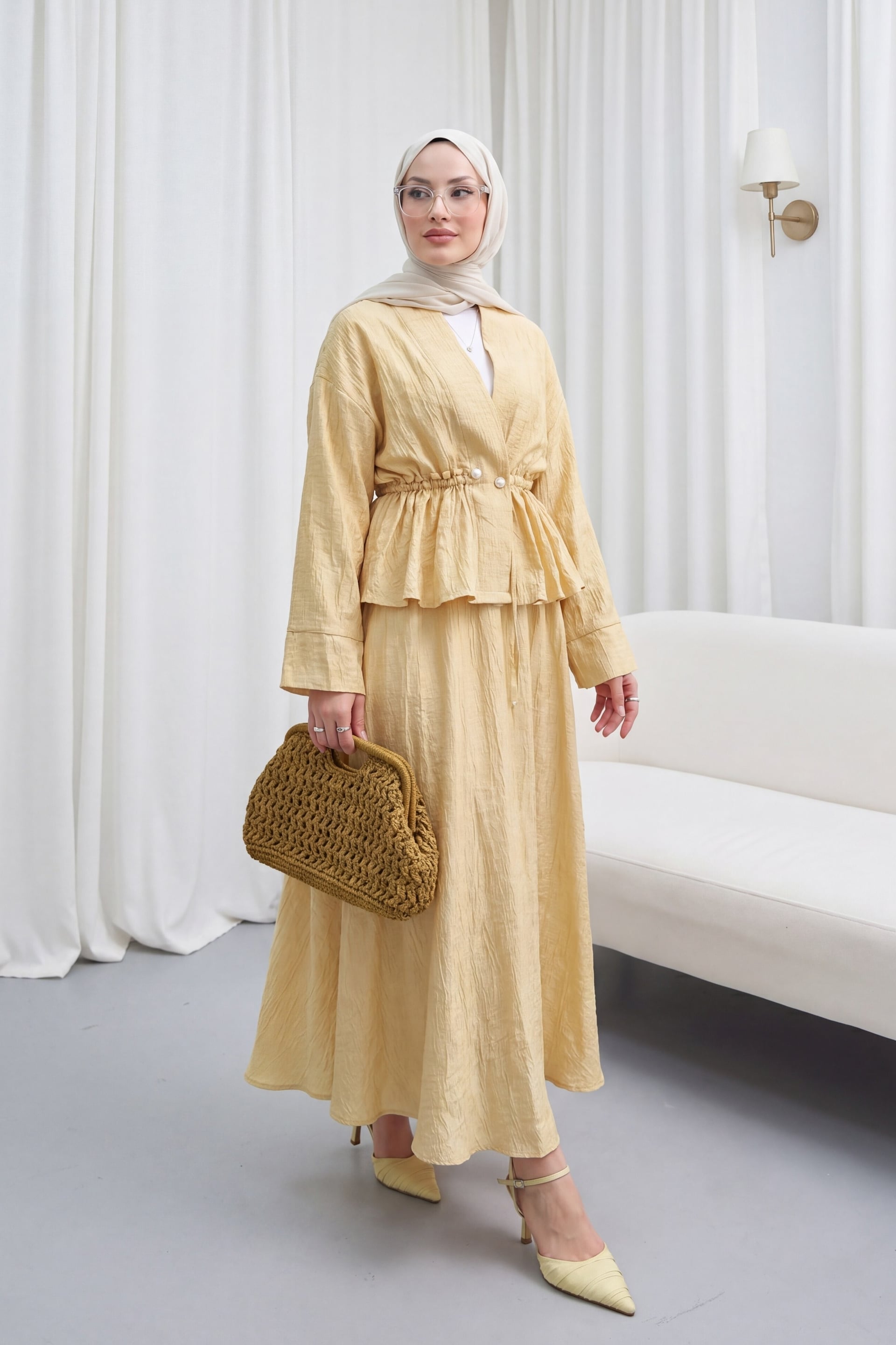 Tunnel Drawstring Pearl Button Peplum Top and Maxi Skirt Set in Yellow - Podyumplus - by Peralane