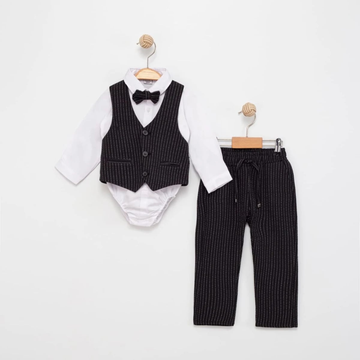 Baby Boy's 4-Piece Formal Suit Set with White Shirt, Black Pinstripe Waistcoat, and Trousers - 6025 - Terry - by Peralane