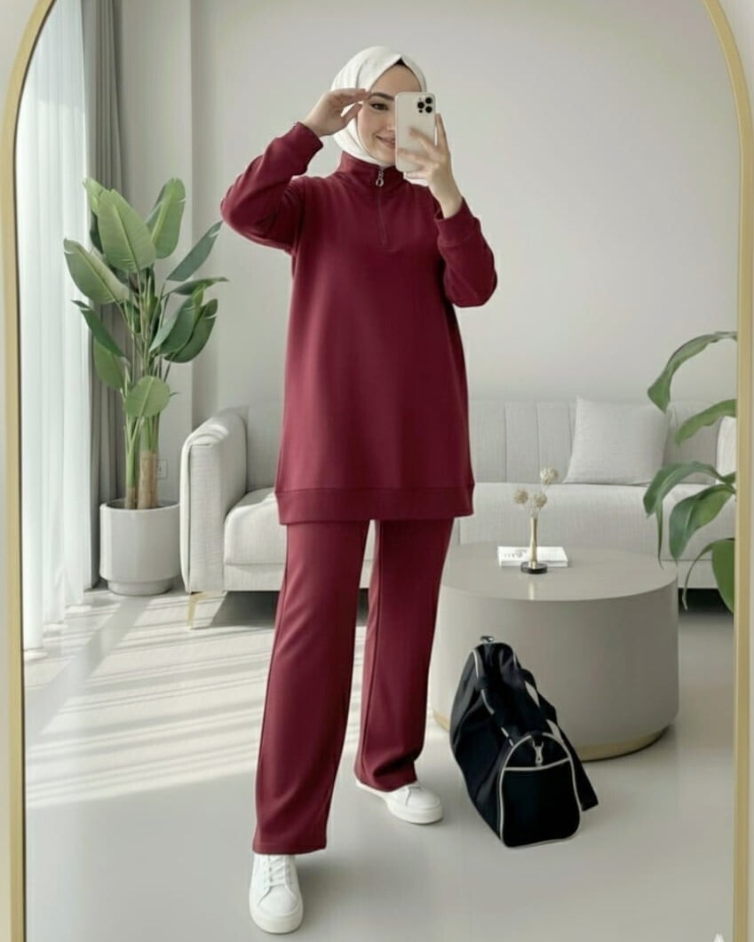 Half-Zip Collared Knit Set in Burgundy - Podyumplus - by Peralane - photo 6