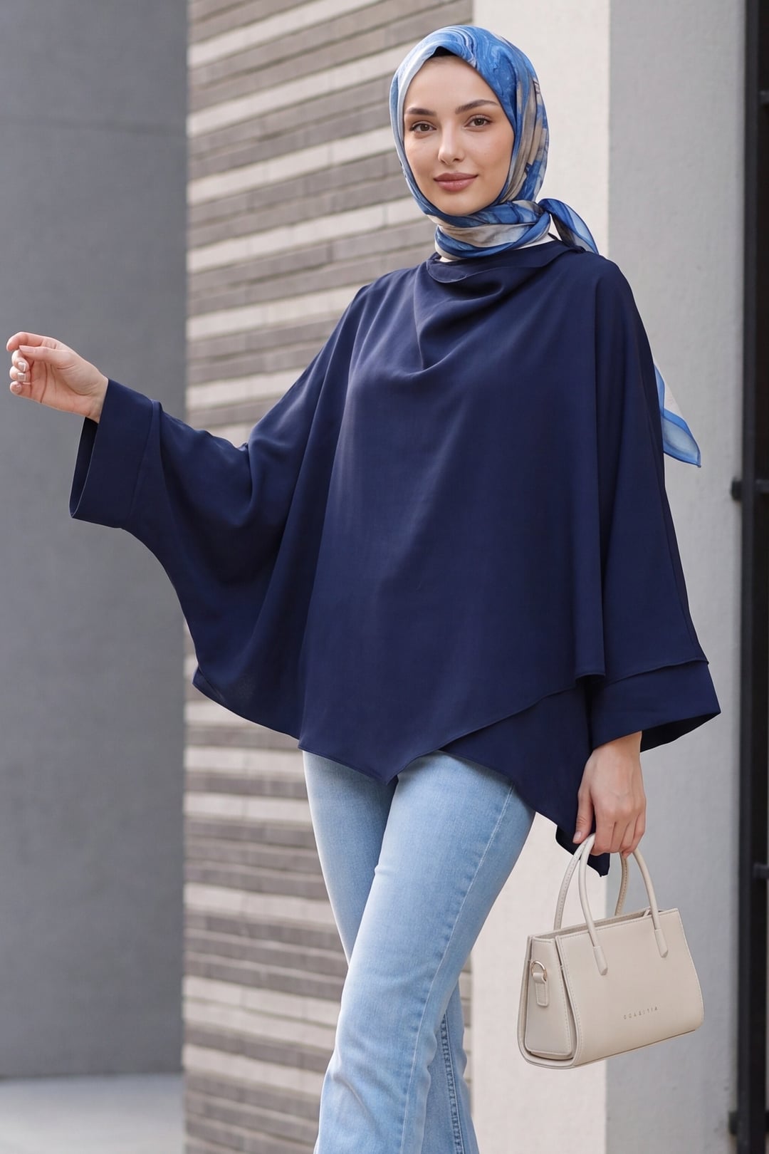 Navy Blue Shoulder Button Batwing Sleeve Modal Kimono Poncho - Podyumplus - by Peralane