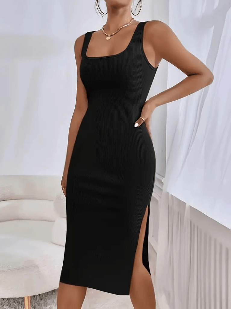 Women's Sleeveless Square Neck Side Slit Midi Ribbed Dress - Janes - by Peralane - photo 8