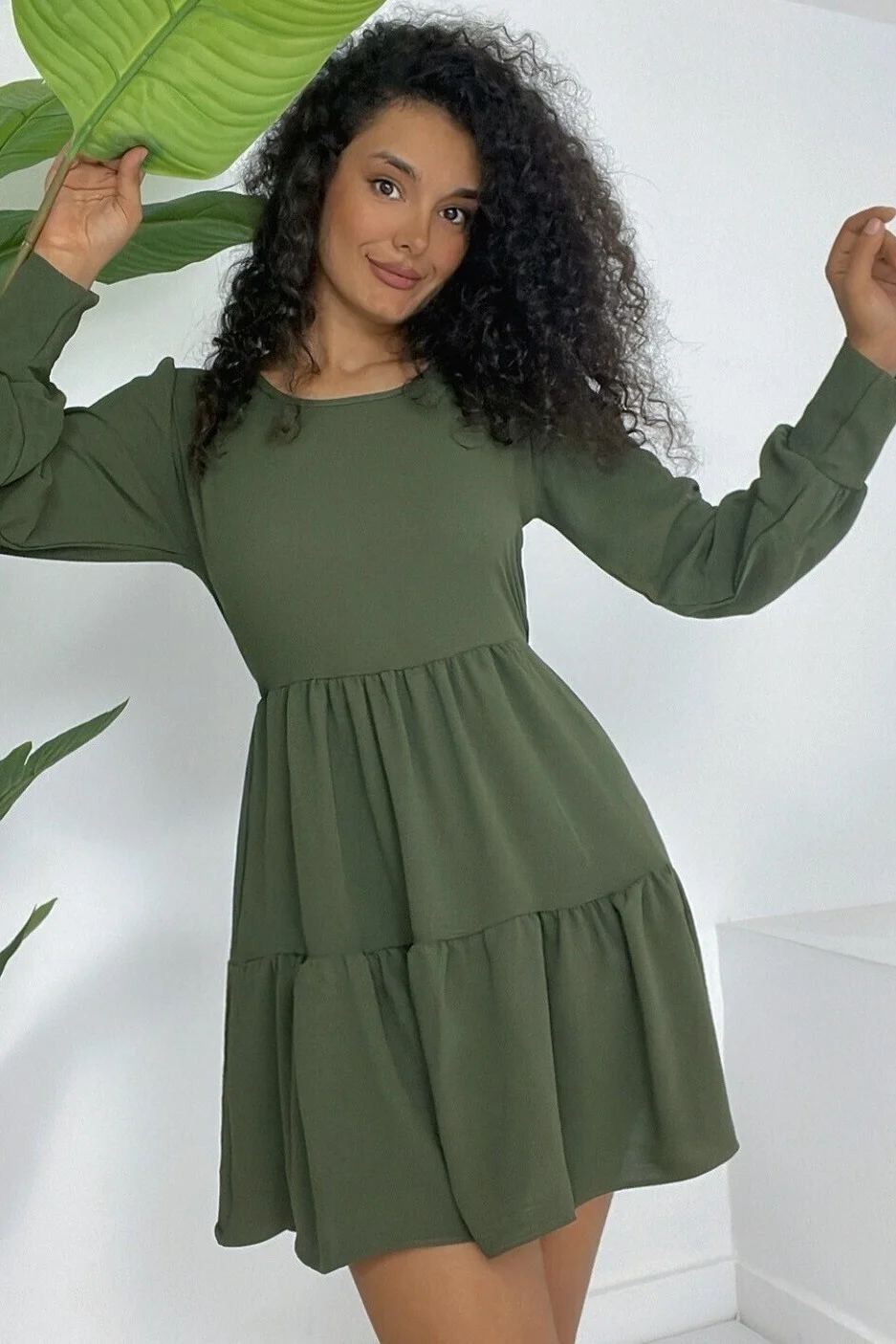 Round Neck Elastic Waist Tiered Frill Dress - Olive Green - Podyumplus - by Peralane