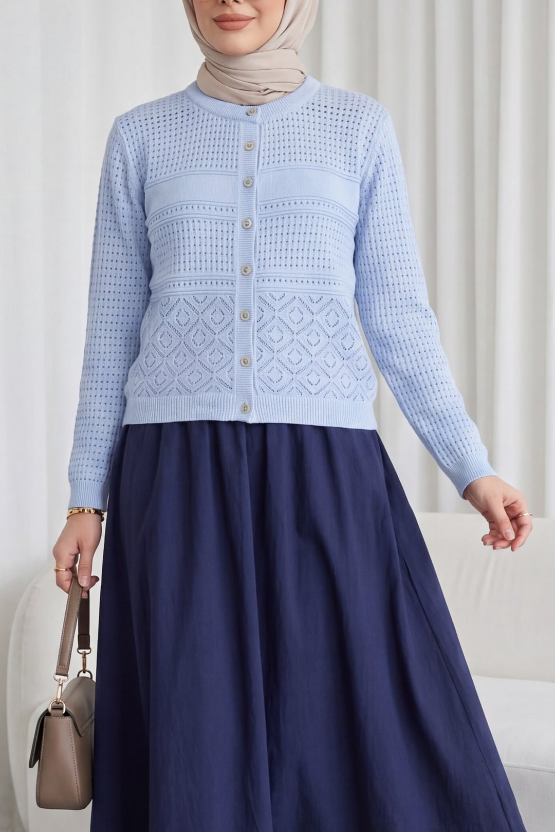Light Blue Round Neck Buttoned Knitted Cardigan - Podyumplus - by Peralane