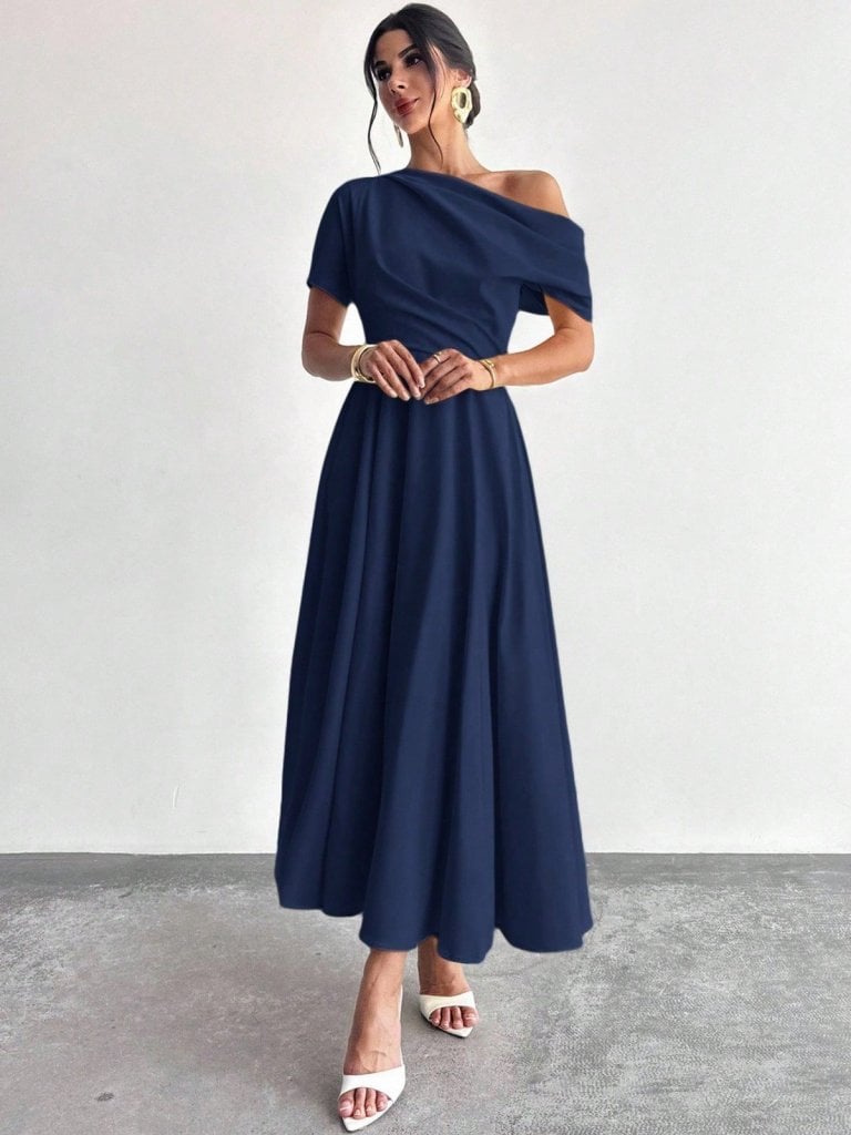 Women's Navy Blue Off-Shoulder Short Sleeve Pleated Crepe Midi Dress - Janes - by Peralane - photo 4