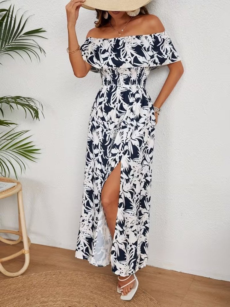 Women's Off-Shoulder Floral Print High-Slit Maxi Dress - Janes - by Peralane