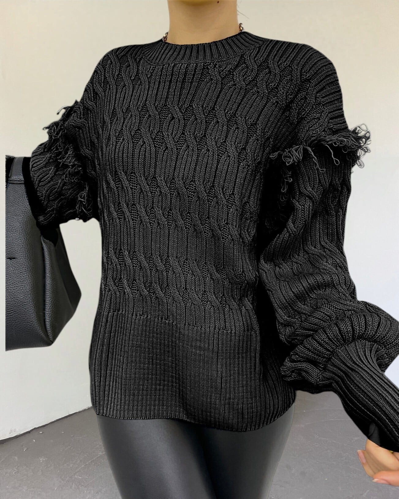Black Fringe Balloon Sleeve Knit Sweater - Podyumplus - by Peralane - photo 3
