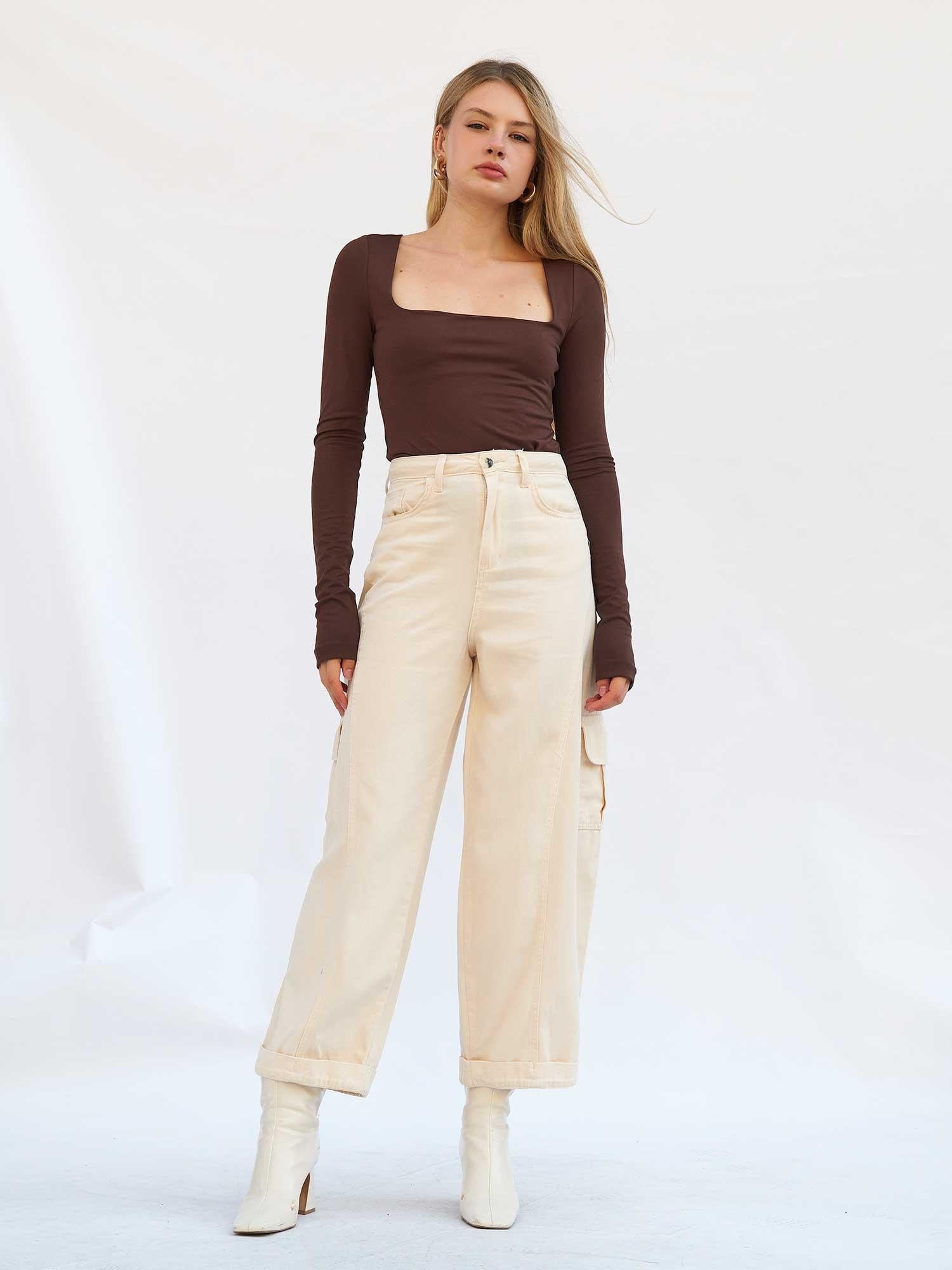Square Neck Long-Sleeve Knit Bodysuit – Dark Brown - Lefon - by Peralane - photo 2