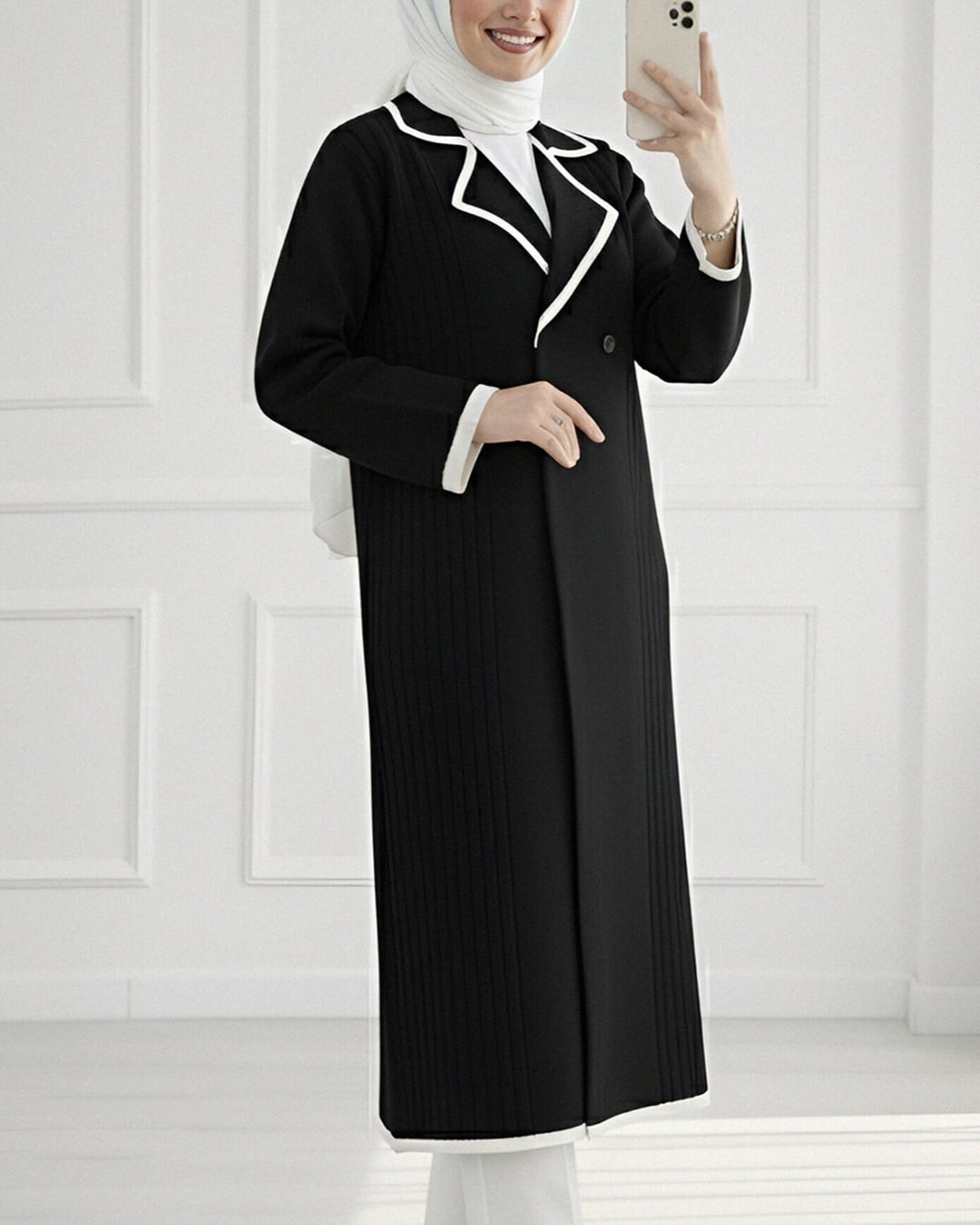 Long Knit Cardigan with Snap Front and Pockets - Black - Podyumplus - by Peralane - photo 4