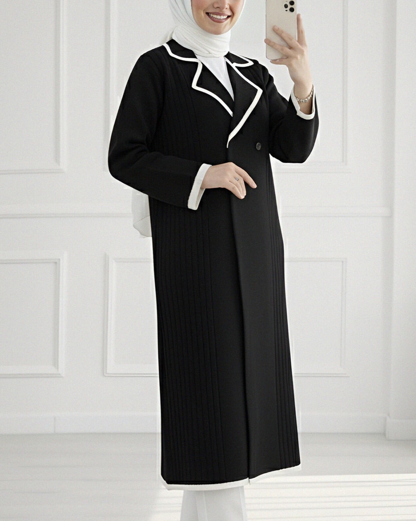 Long Knit Cardigan with Snap Front and Pockets - Black - Podyumplus - by Peralane - photo 4