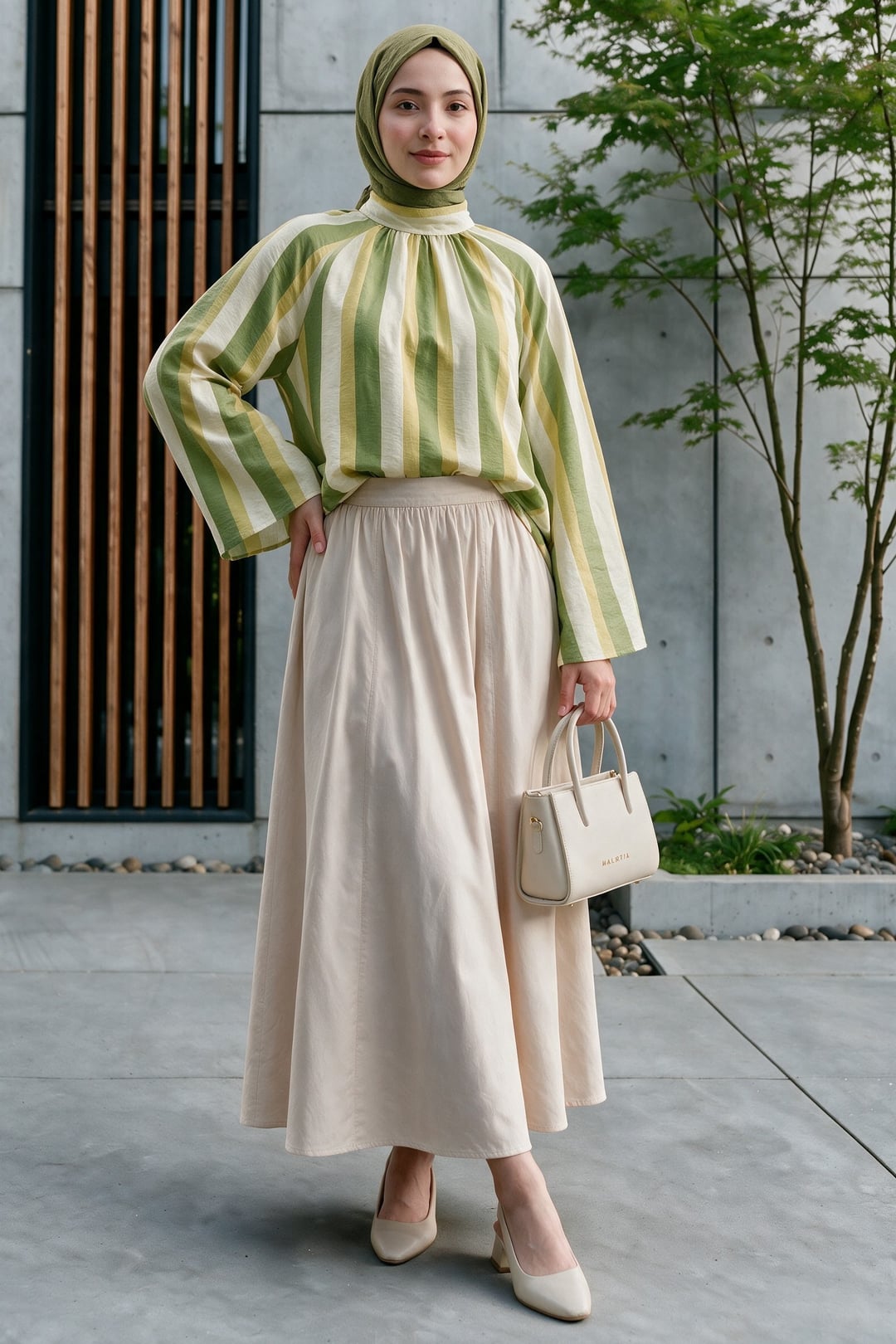 Olive Green Striped Tie-Back Long-Sleeve Blouse - Podyumplus - by Peralane - photo 6