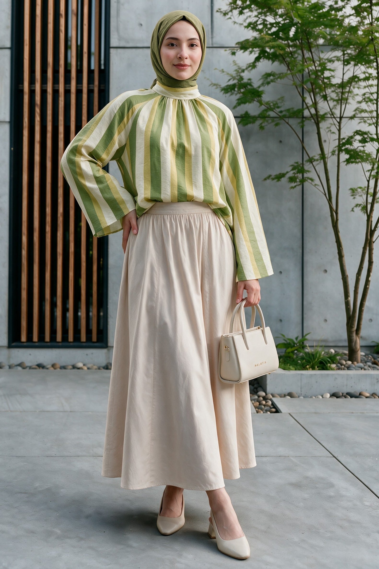Olive Green Striped Tie-Back Long-Sleeve Blouse - Podyumplus - by Peralane - photo 6