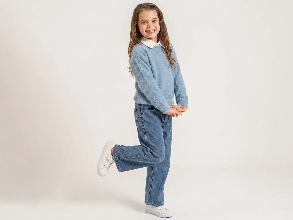 Girls' 3-Piece Set: Light Blue Fuzzy Knit Sweater with Peter Pan Collar, Jeans, and Top - Pampal Kids - by Peralane