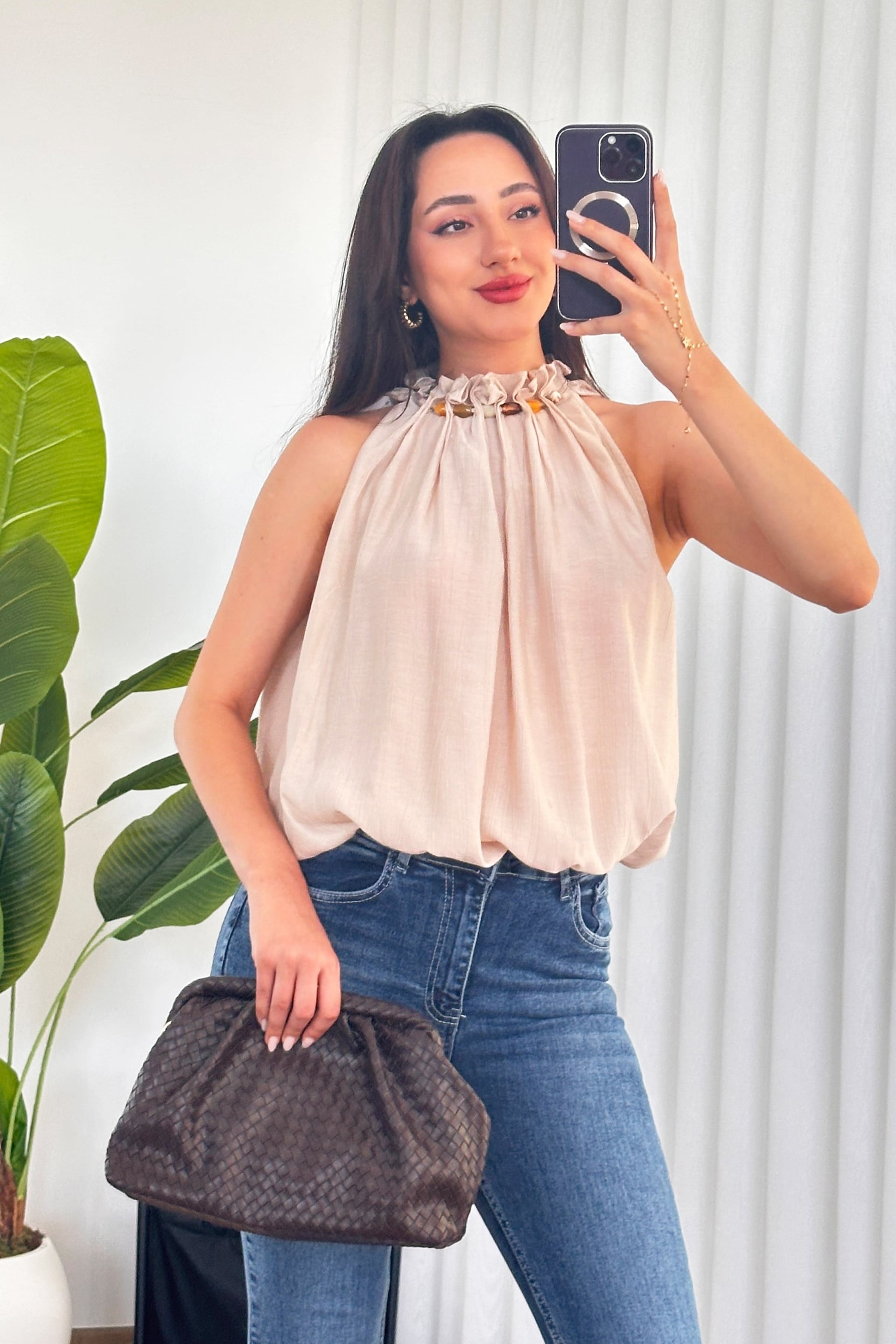 Beaded Neckline Draped Blouse in Beige - Lustri̇n - by Peralane - photo 2