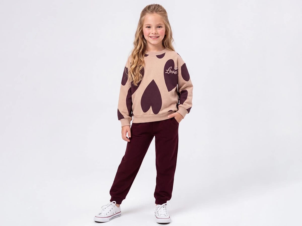 Kids' Cotton Sweatshirt and Trousers Set with Heart Print - Plum - Feely Kids - by Peralane
